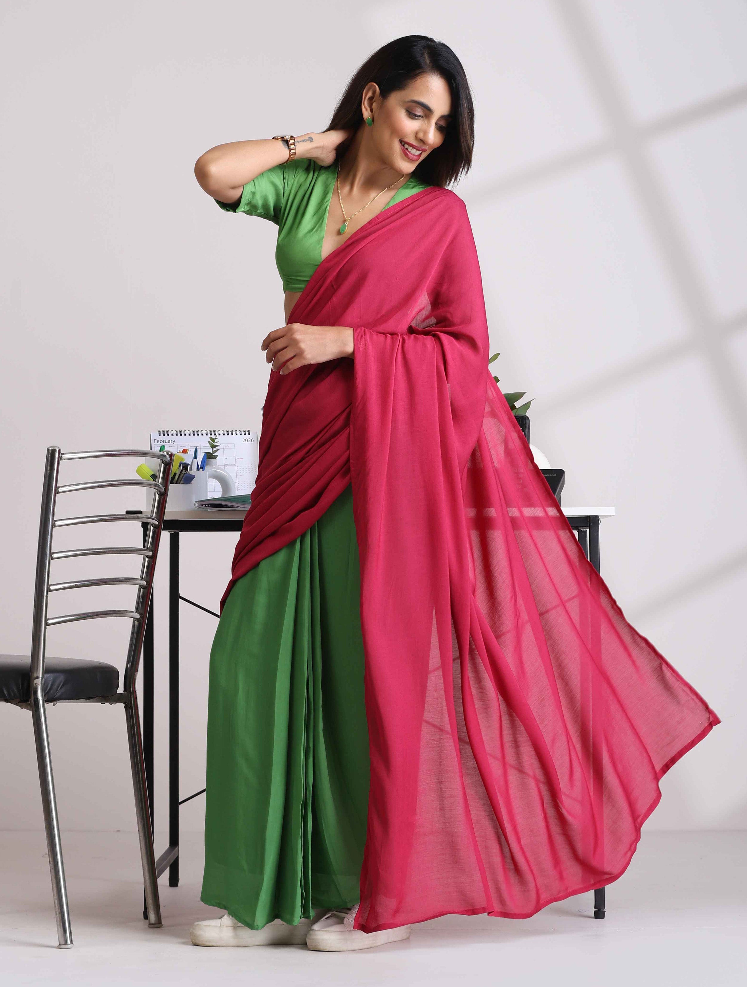 trueBrowns Green Pink Muslin Silk Pre-Stitched Saree