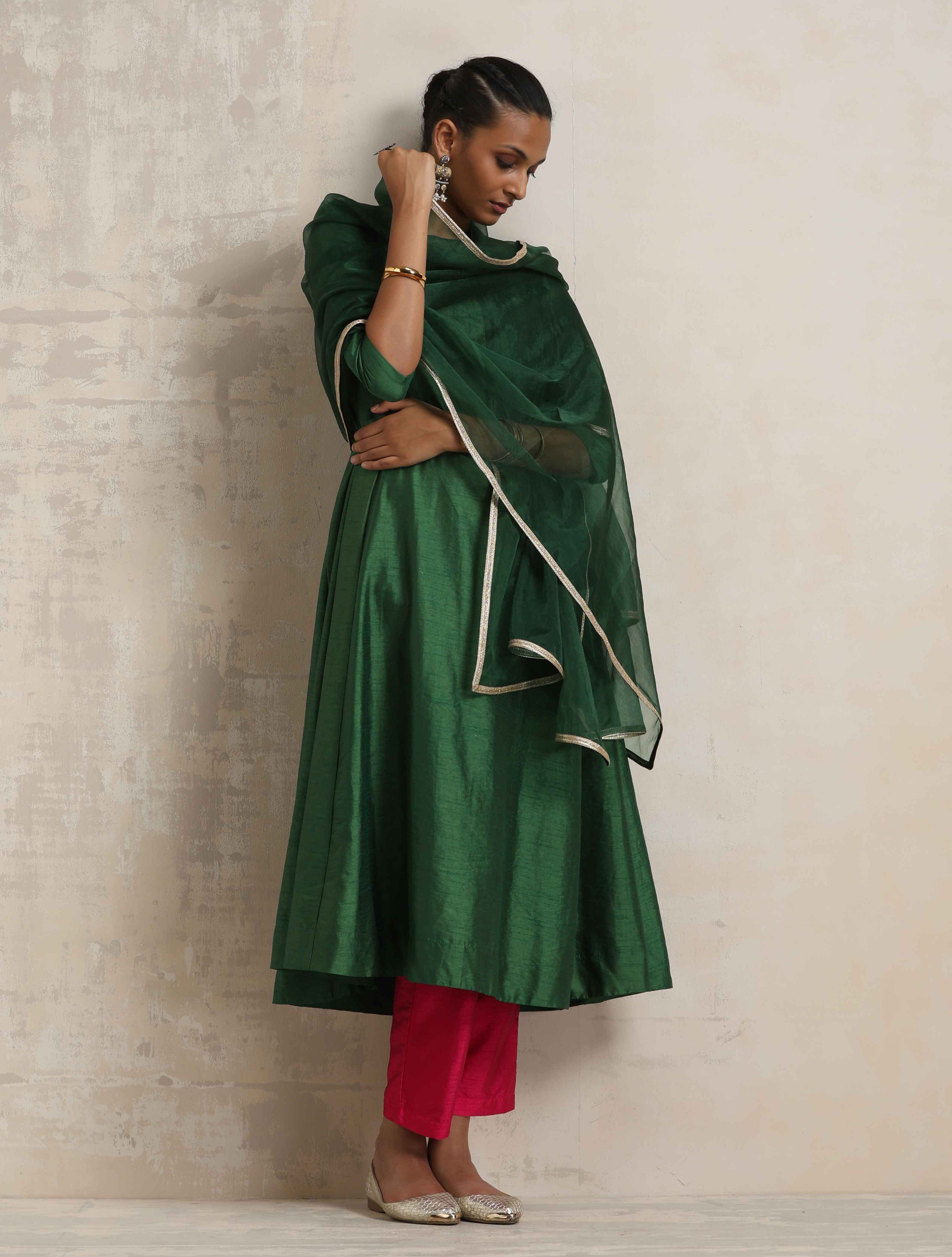 trueBrowns Dark Green Arkali Kurta Pant Dupatta Set