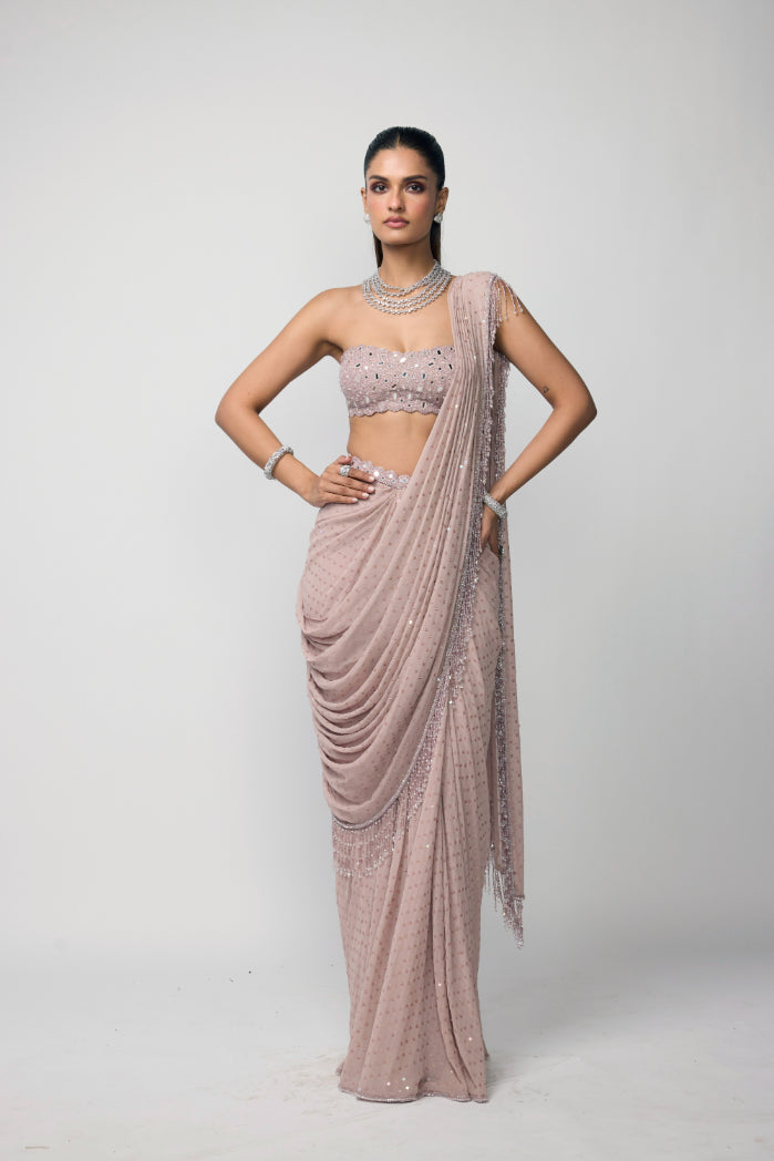 Ash Pink Drapded Saree Set