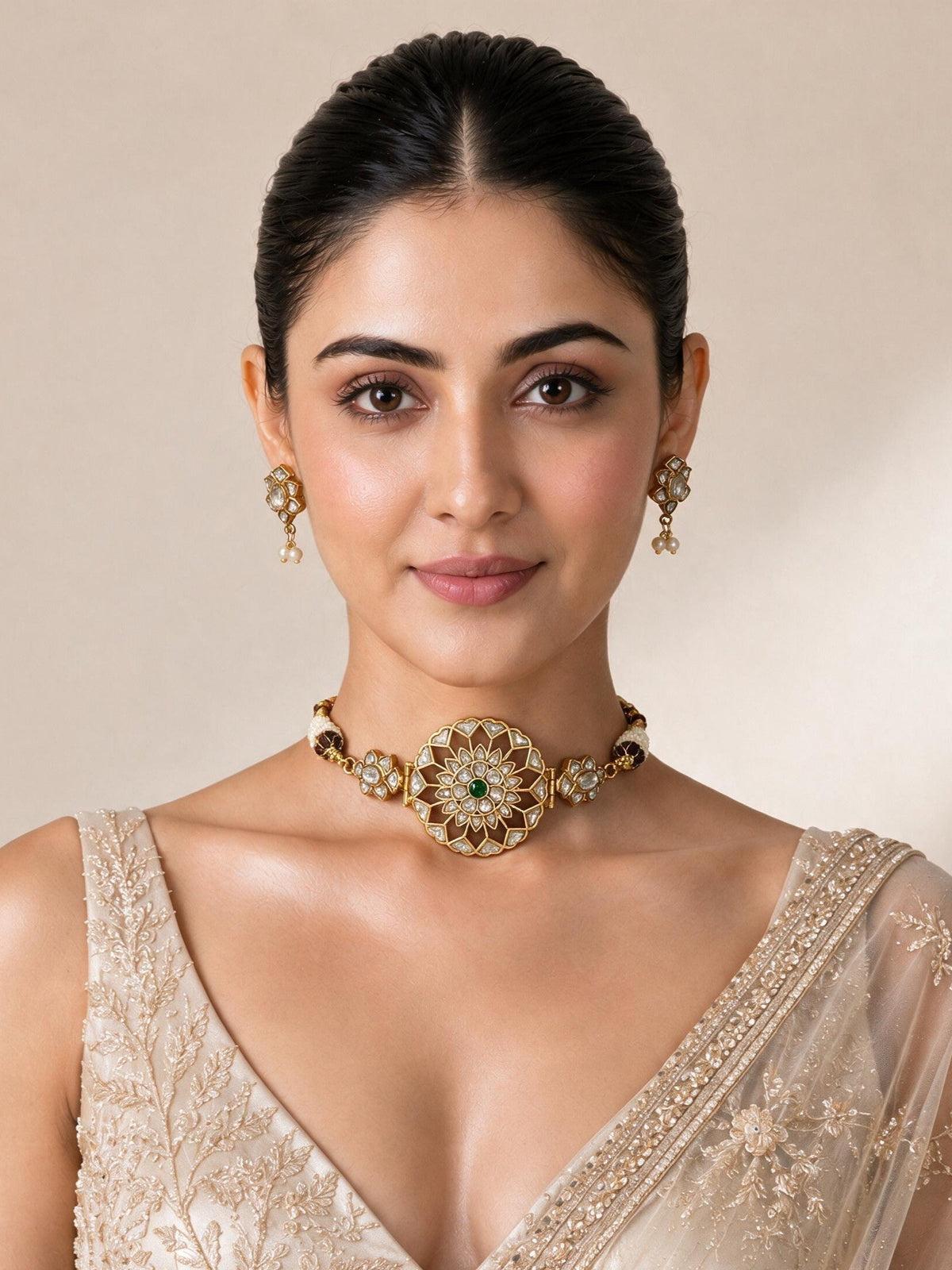 Handcrafted Jadau Kundan Choker Set with Pearl Accents