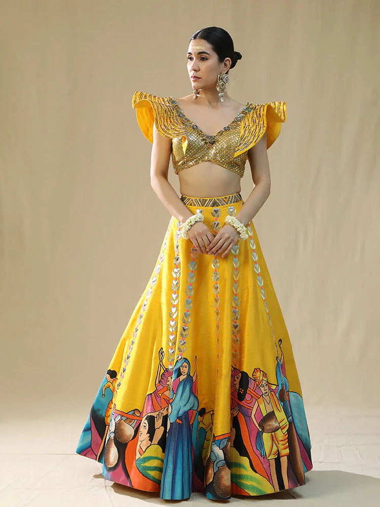 yellow modern baraat lehnga set