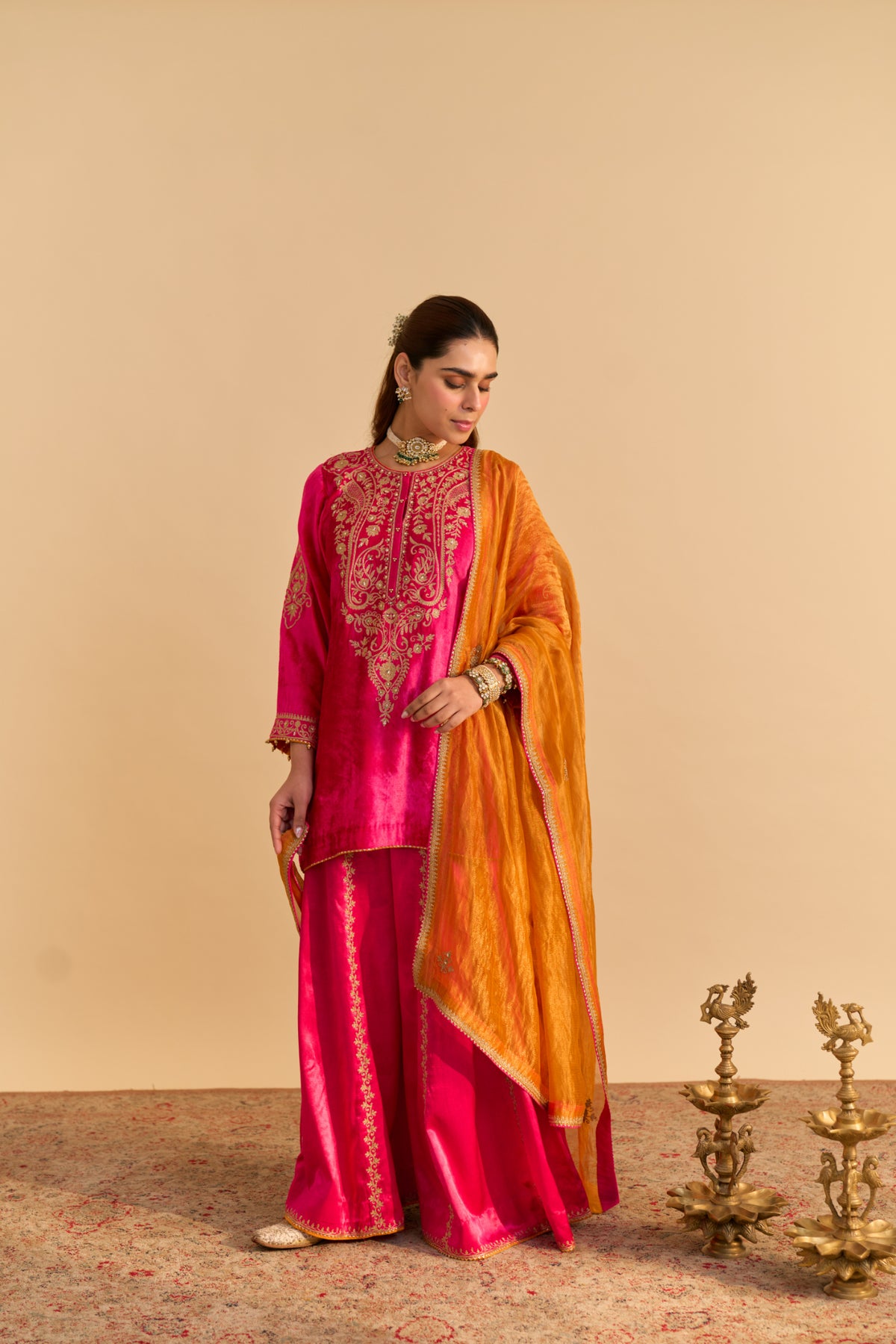 Aroob Hot Pink Velvet Kurta Sharara Set with Tissue Silk Dupatta