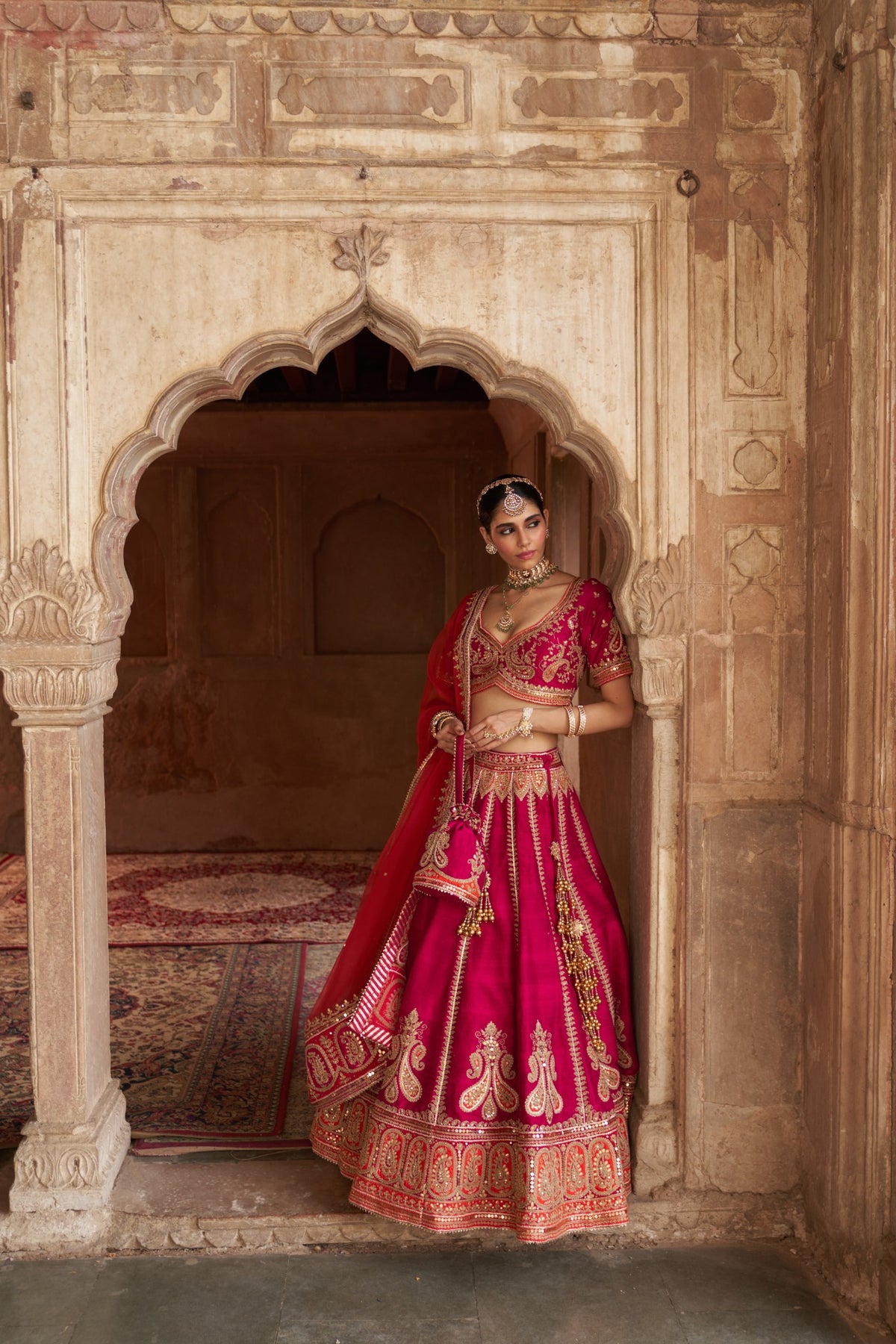 Hot Pink Raw Silk Lehenga with Kashmiri Tilla & Gota Work