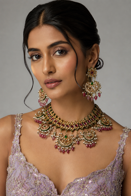 Royal Jaipuri Kundan Ruby Green Choker Necklace Set with Statement earring