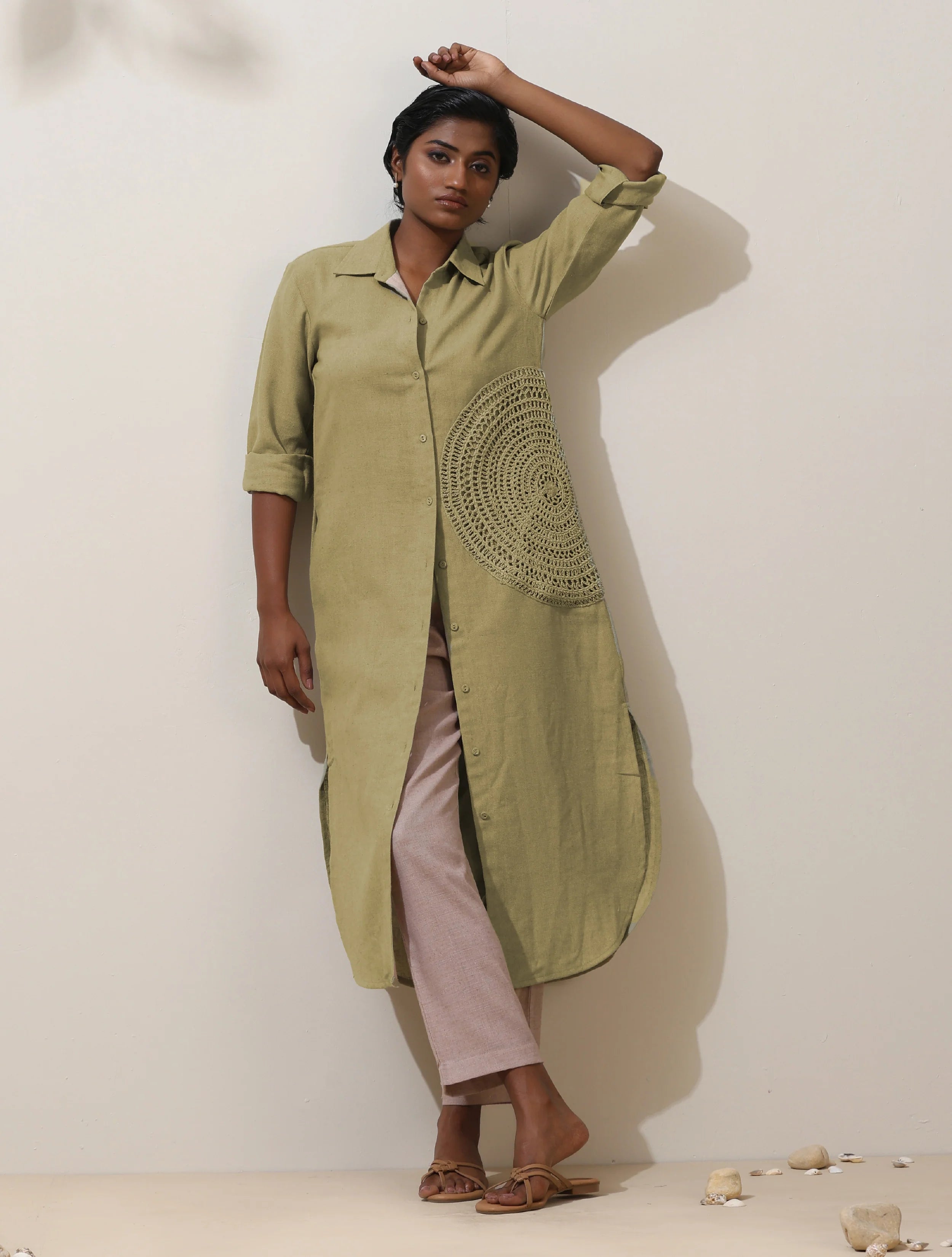 trueBrowns Fern Green Crochet tural Cotton Kurta Pant Set