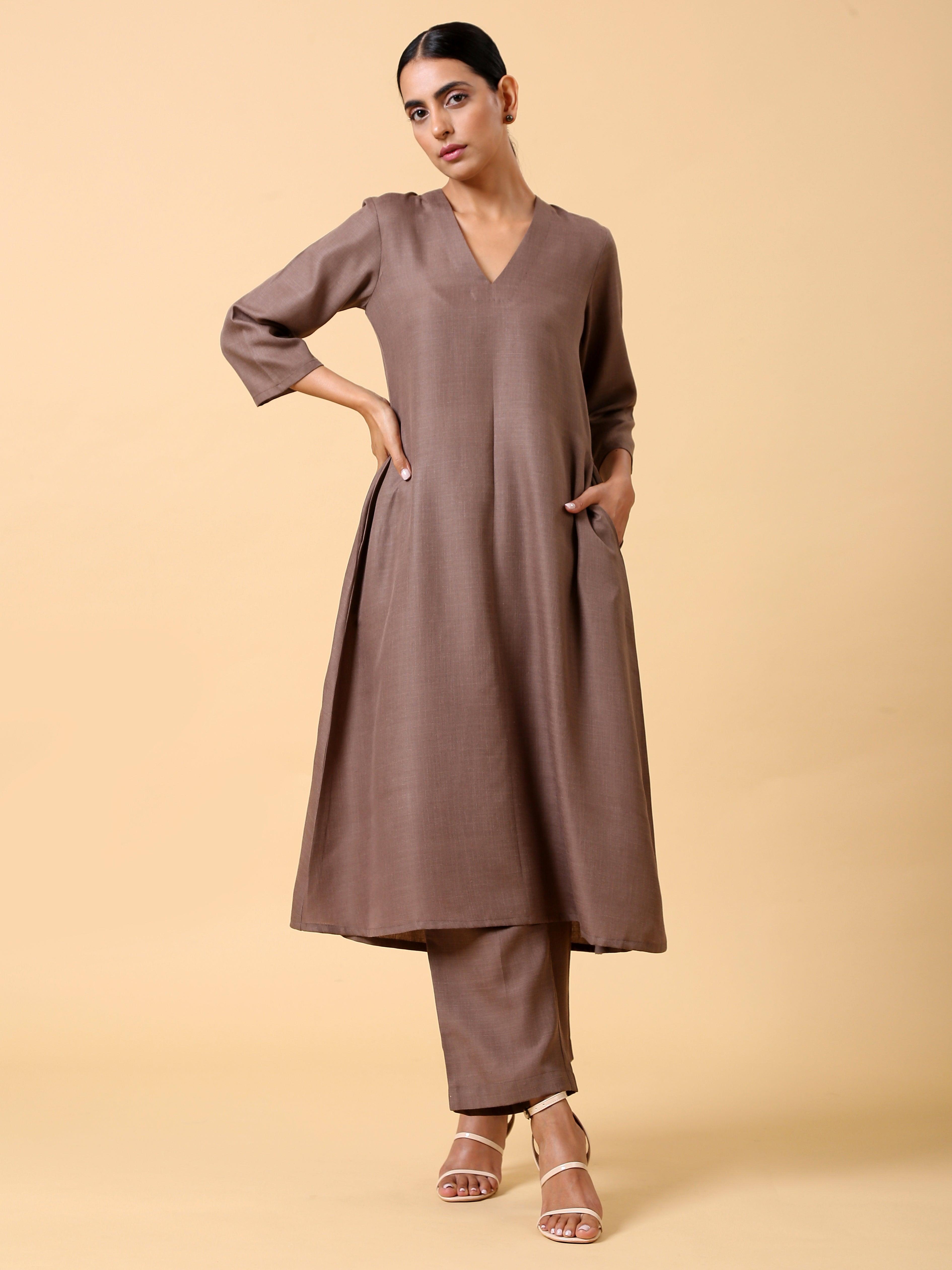 Cotton Linen Burnt Brown Kurta Pant Set - trueBrowns
