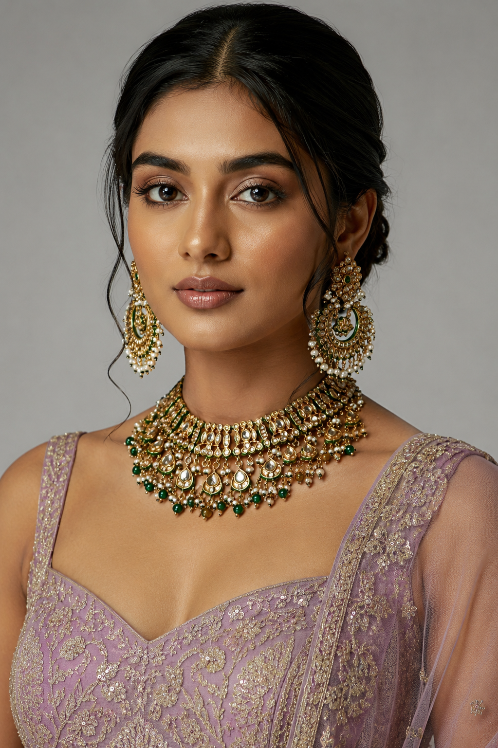 Emerald Green Jaipuri Kundan Pearl Bridal Choker Set with Statement earring