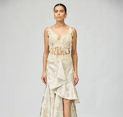 Ivory Silk Brocade Skirt Set - Luxury Pearl & Dory Embroidery
