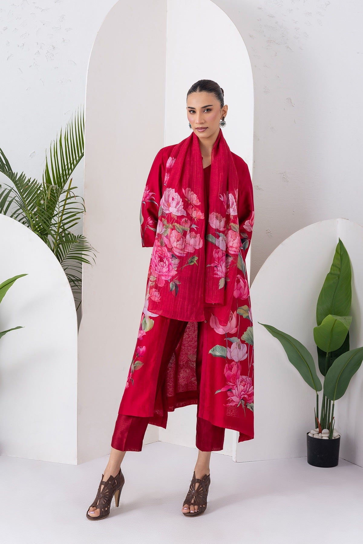 Maroon Silk Chanderi Printed Front Open Dress Set (3 PCS)
