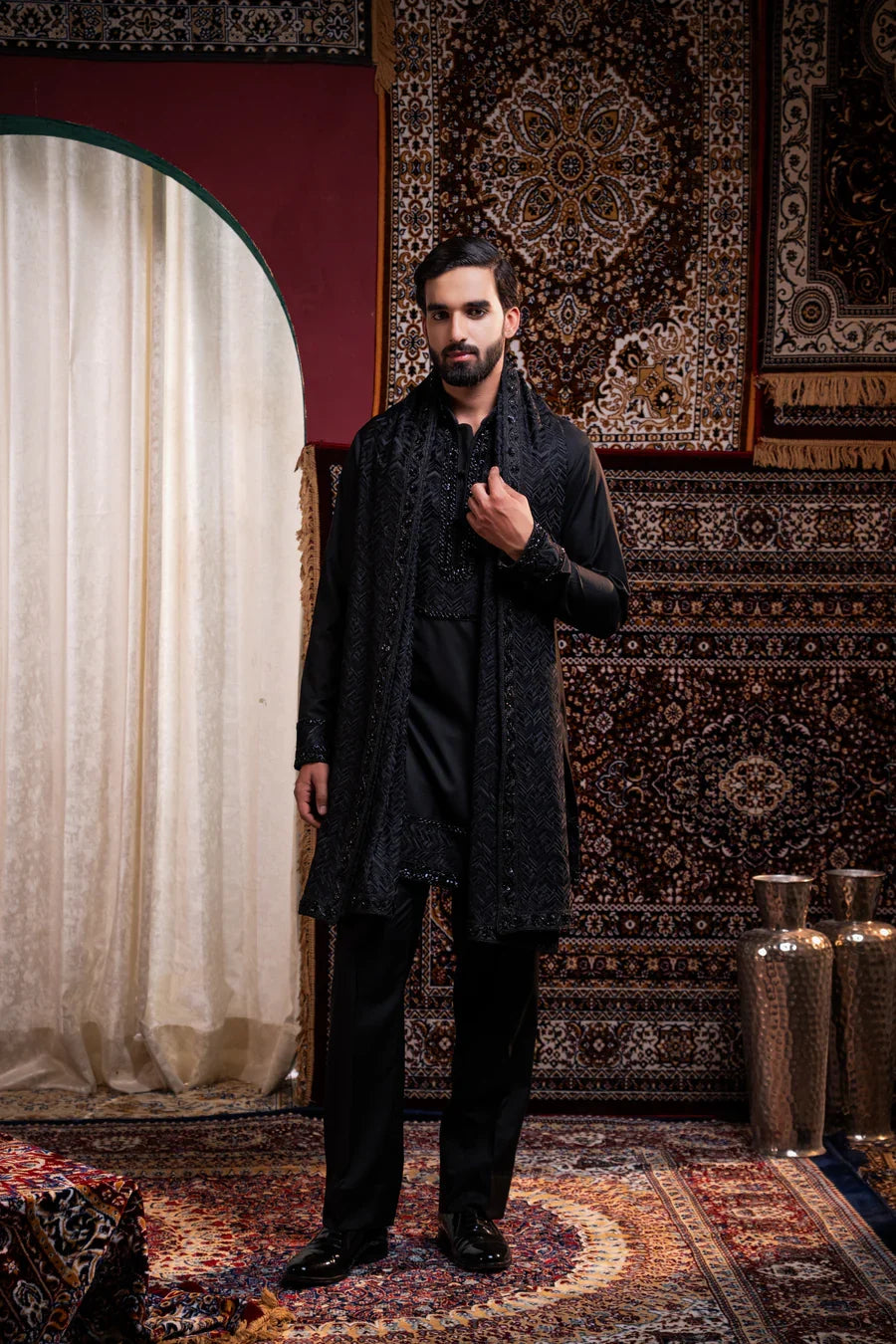 Midnight Noir Embroidered Linen Silk Kurta Set