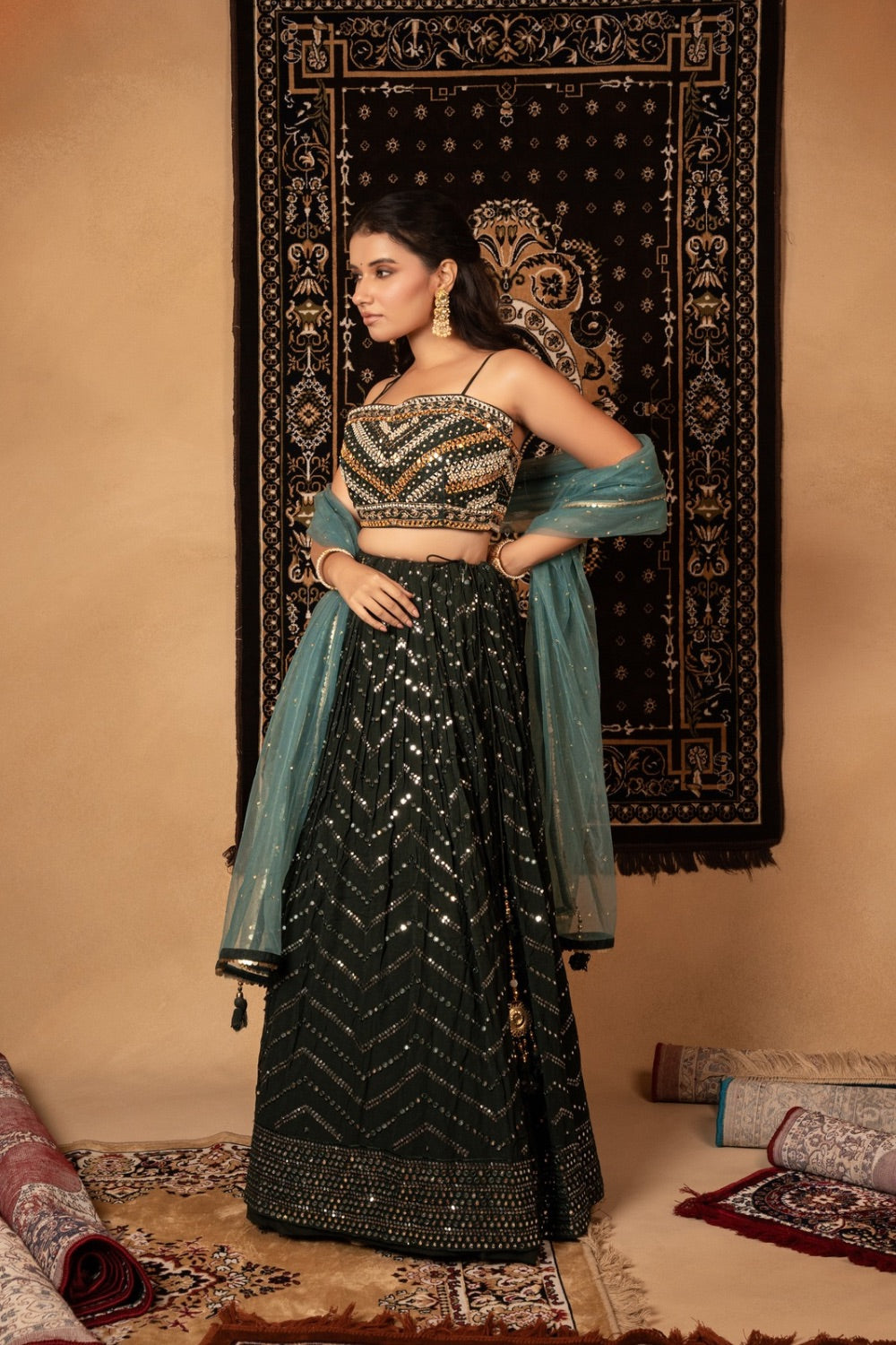 Blue georgette lehenga choli with mirror work and resham embroidery