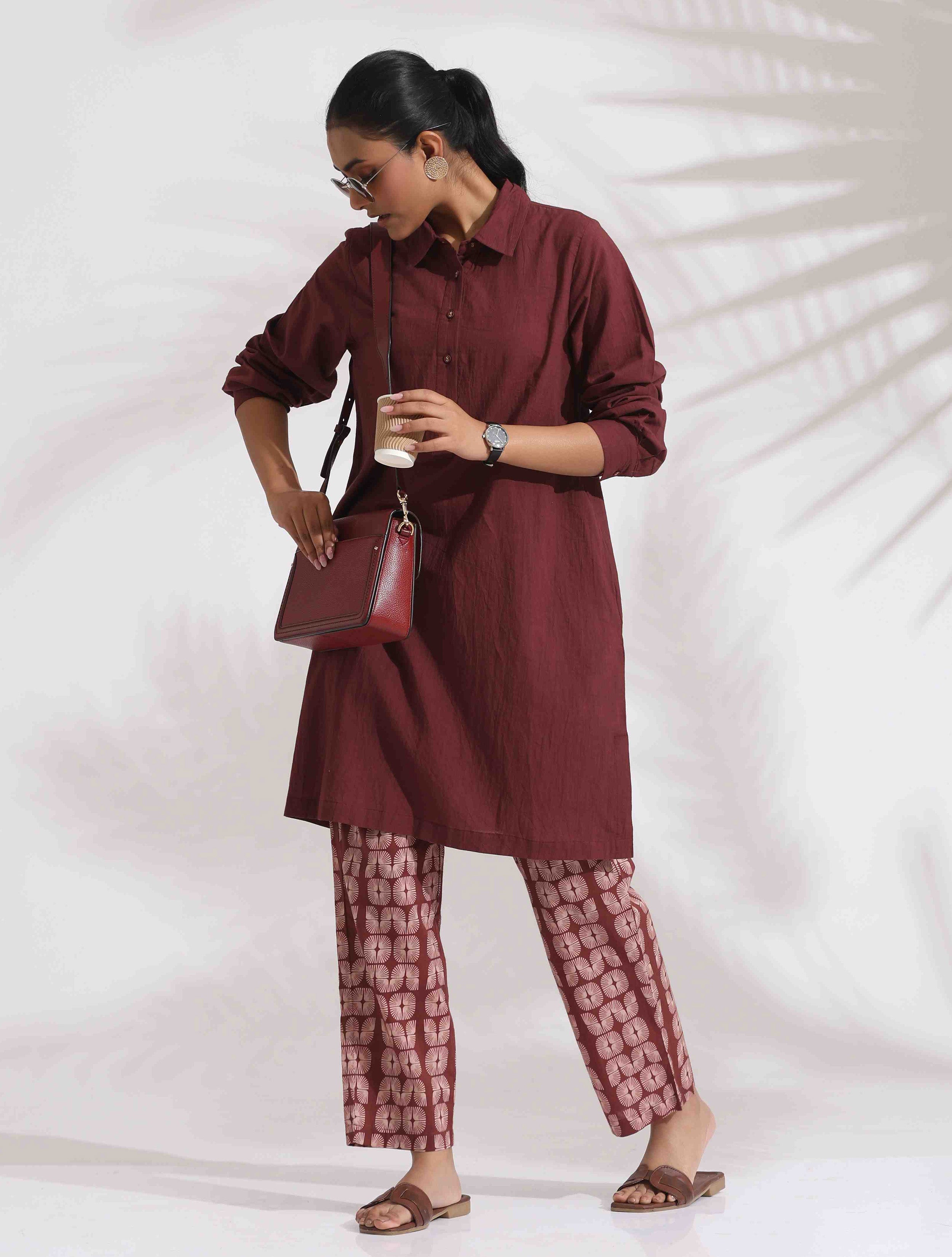 trueBrowns Brown Cotton Solid Kurta Co-ord Set