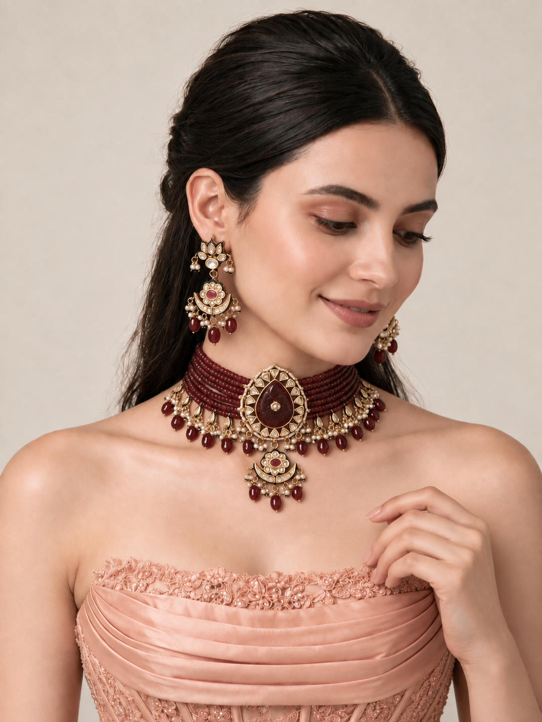 Ruby Kundan Beaded Choker Earring Set