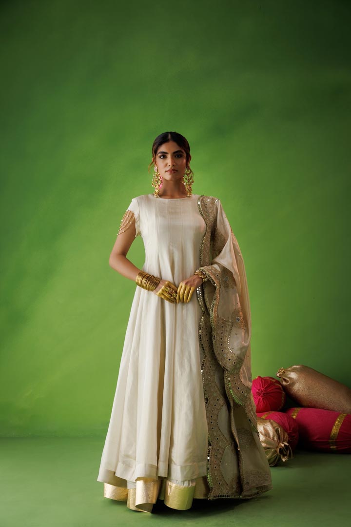 Beige tissue anarkali with scallop dupatta