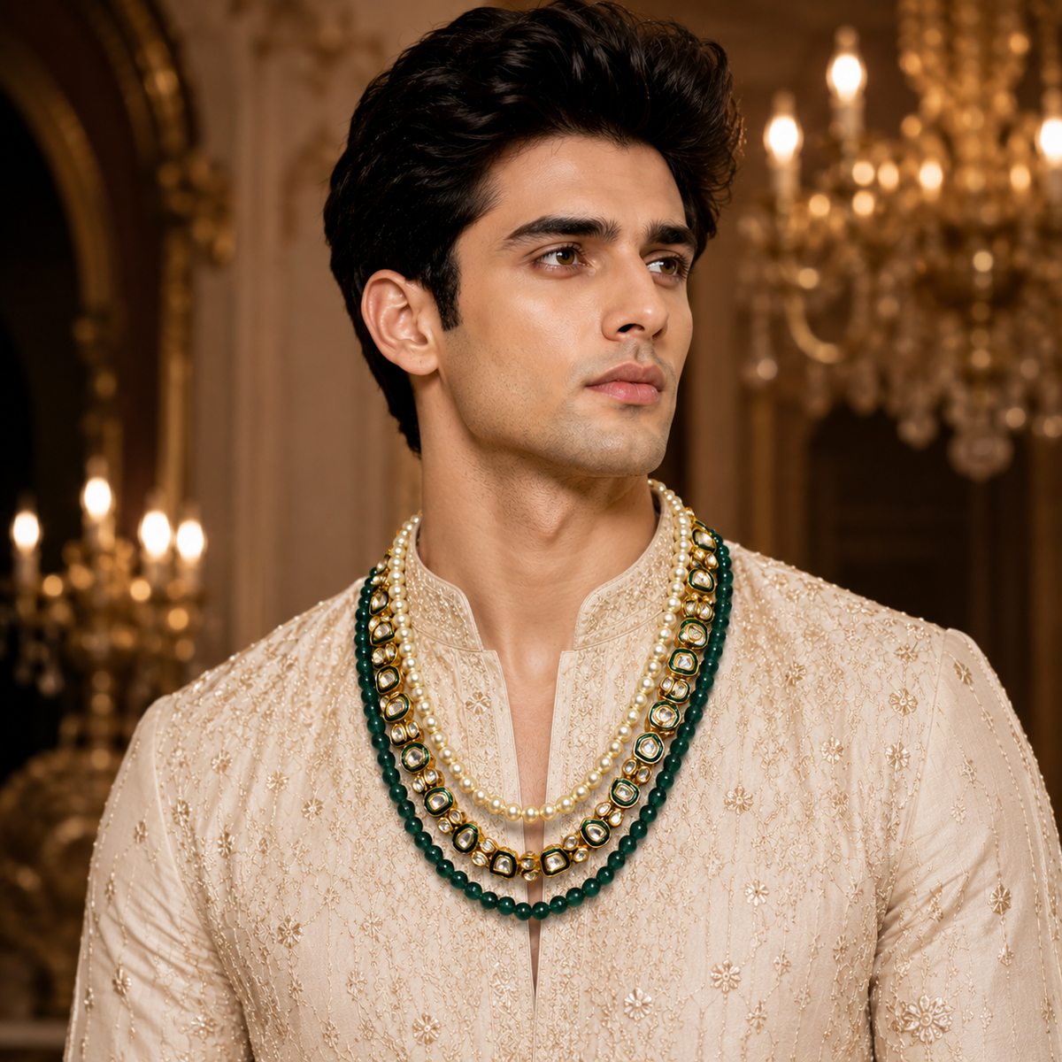 Three-layer Green Beaded Pearl Kundan Groom Mala