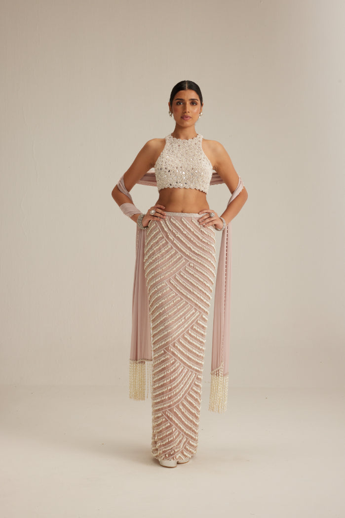 Ash Pink Pearl Drop Pencil Skirt Set