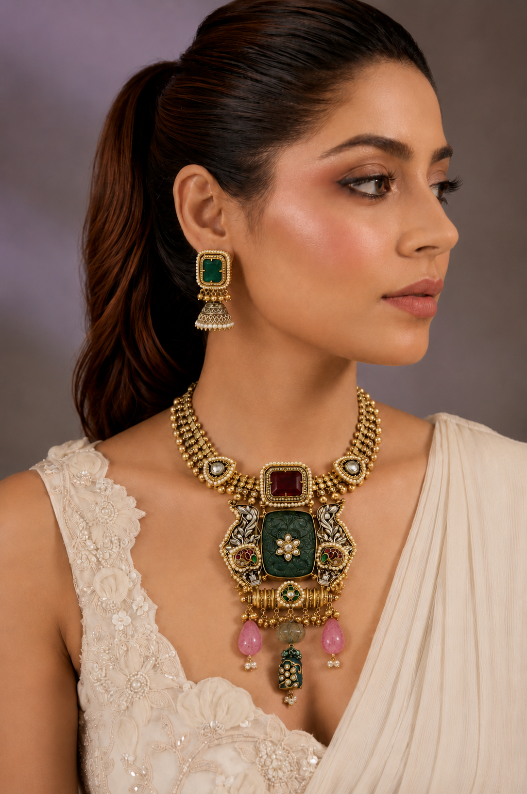 Green Carved Stone Statement Necklace Set with Designer Earring