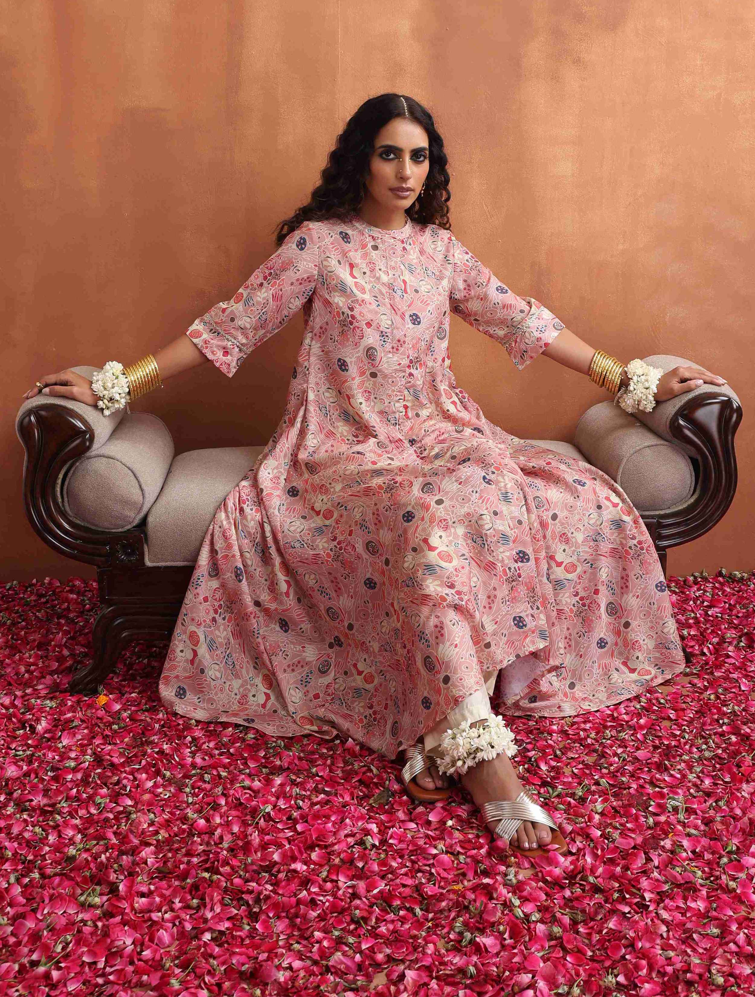 trueBrowns Pink Flared Arkali Kurta Set
