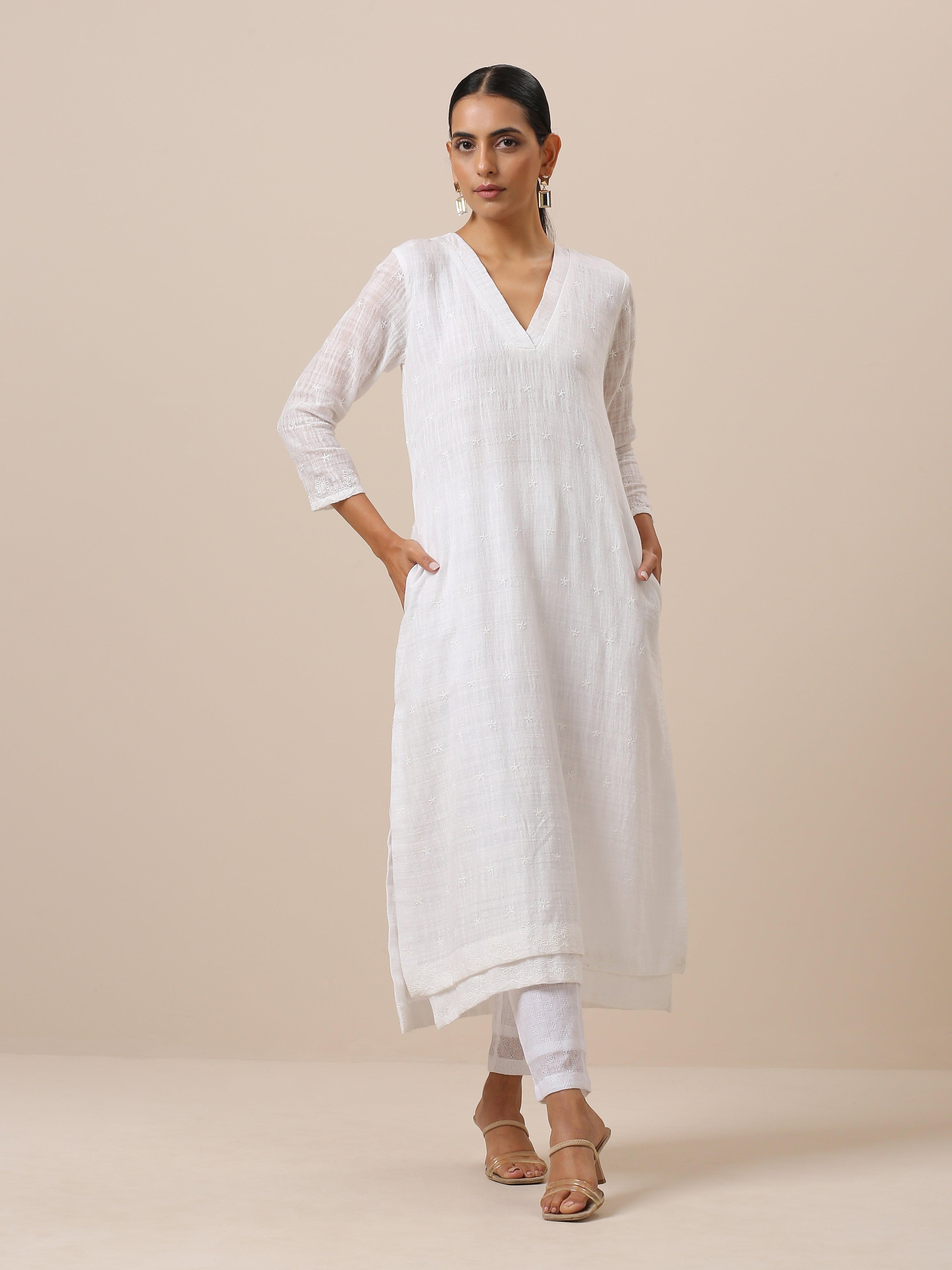 Cotton White Double Hem Embroidered Kurta Pant Set - trueBrowns