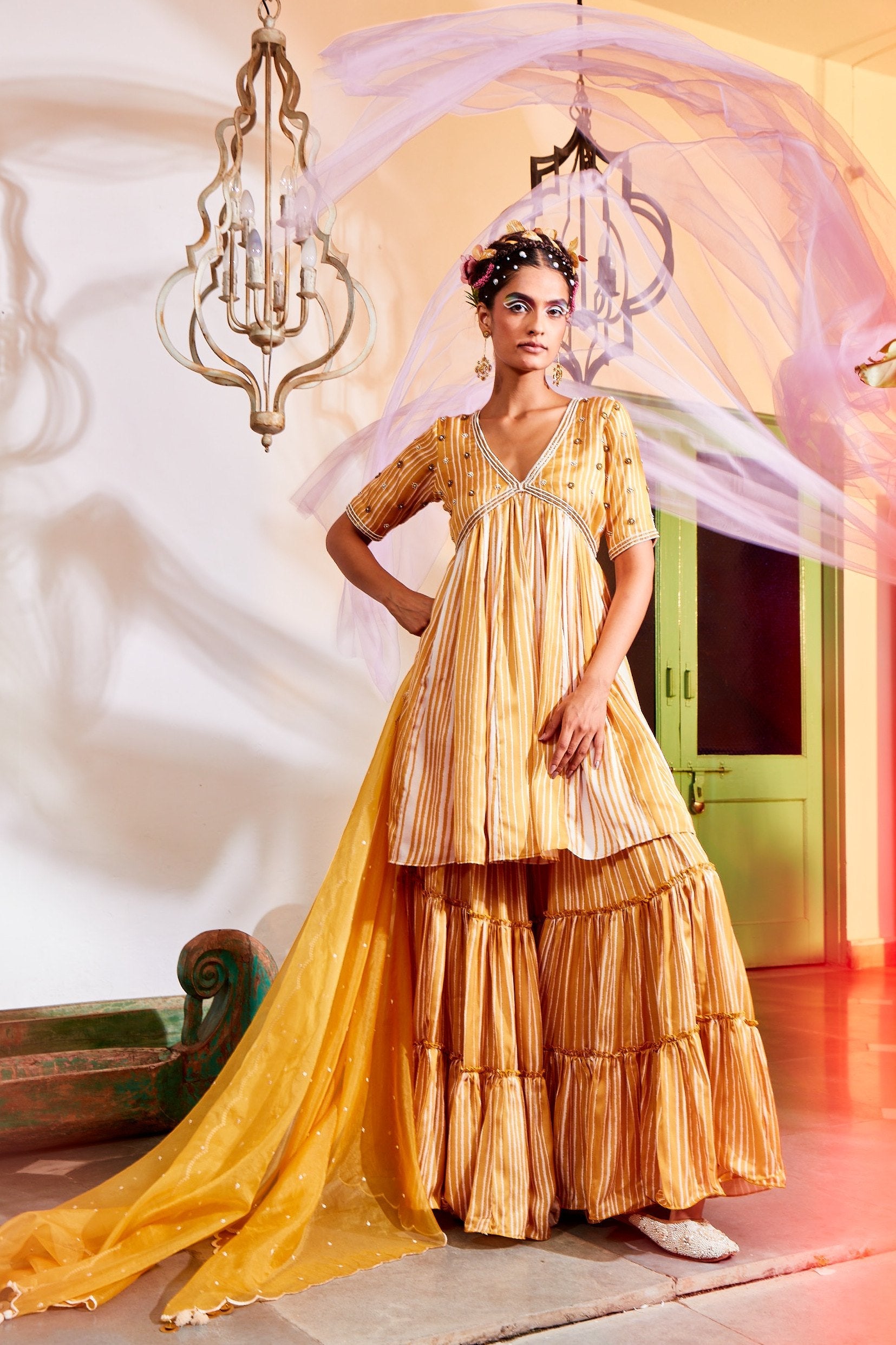 Ochre Yellow Peplum Dress with Sharara.