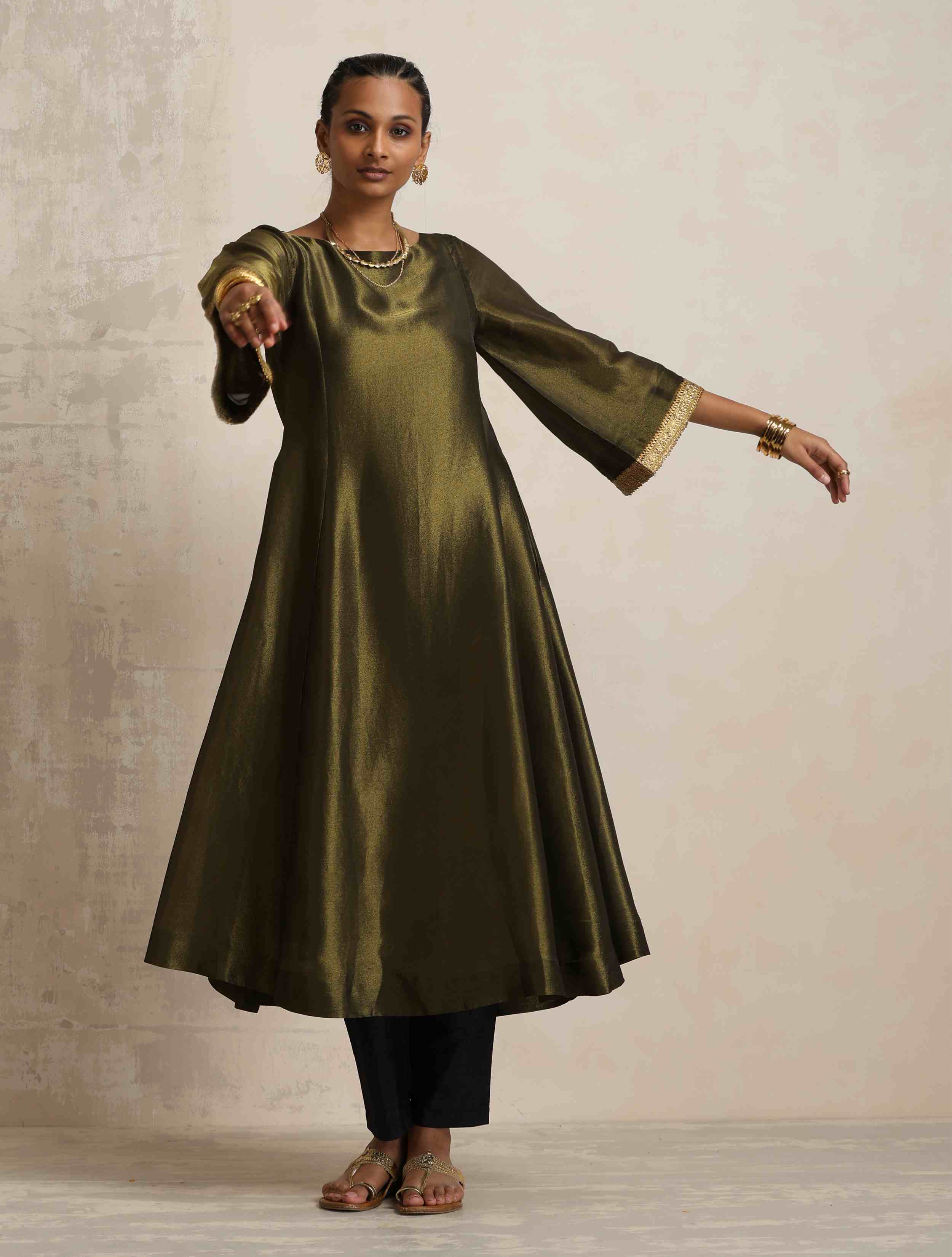 trueBrowns Olive Green Tissue Flared Arkali Kurta Set