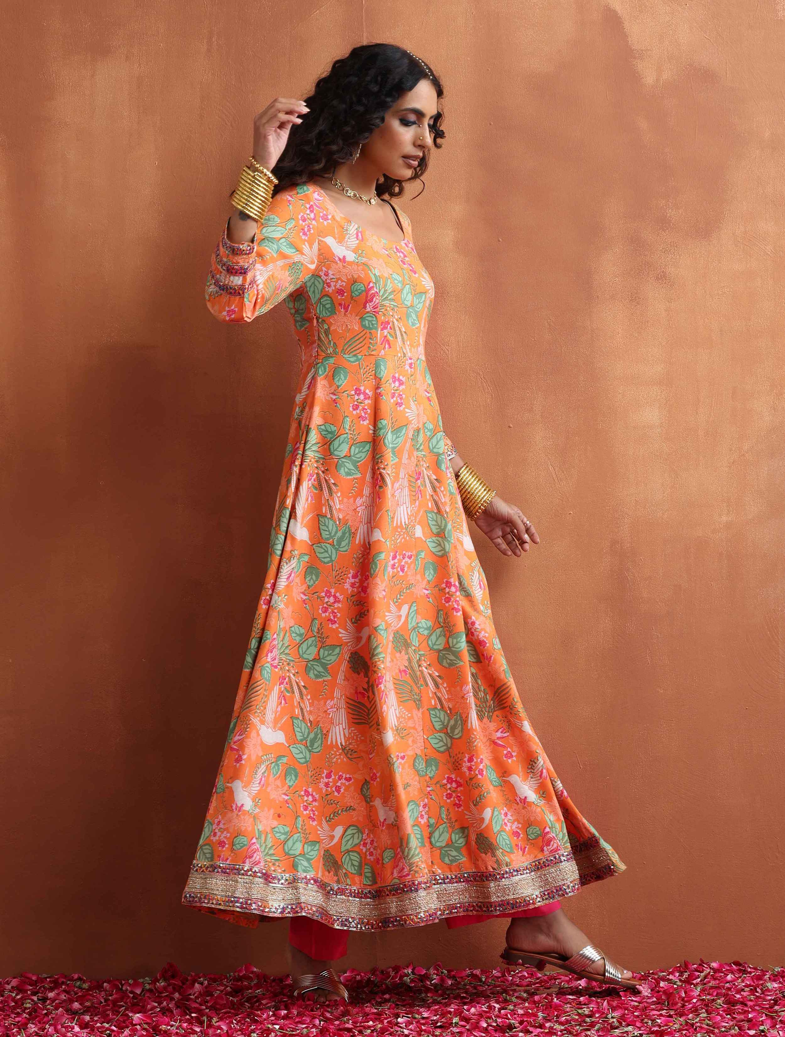 trueBrowns Orange Print Flared Arkali Kurta Set