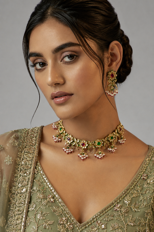 Navratna  Jaipuri Kundan Floral Choker Necklace Set with Pearl Drops