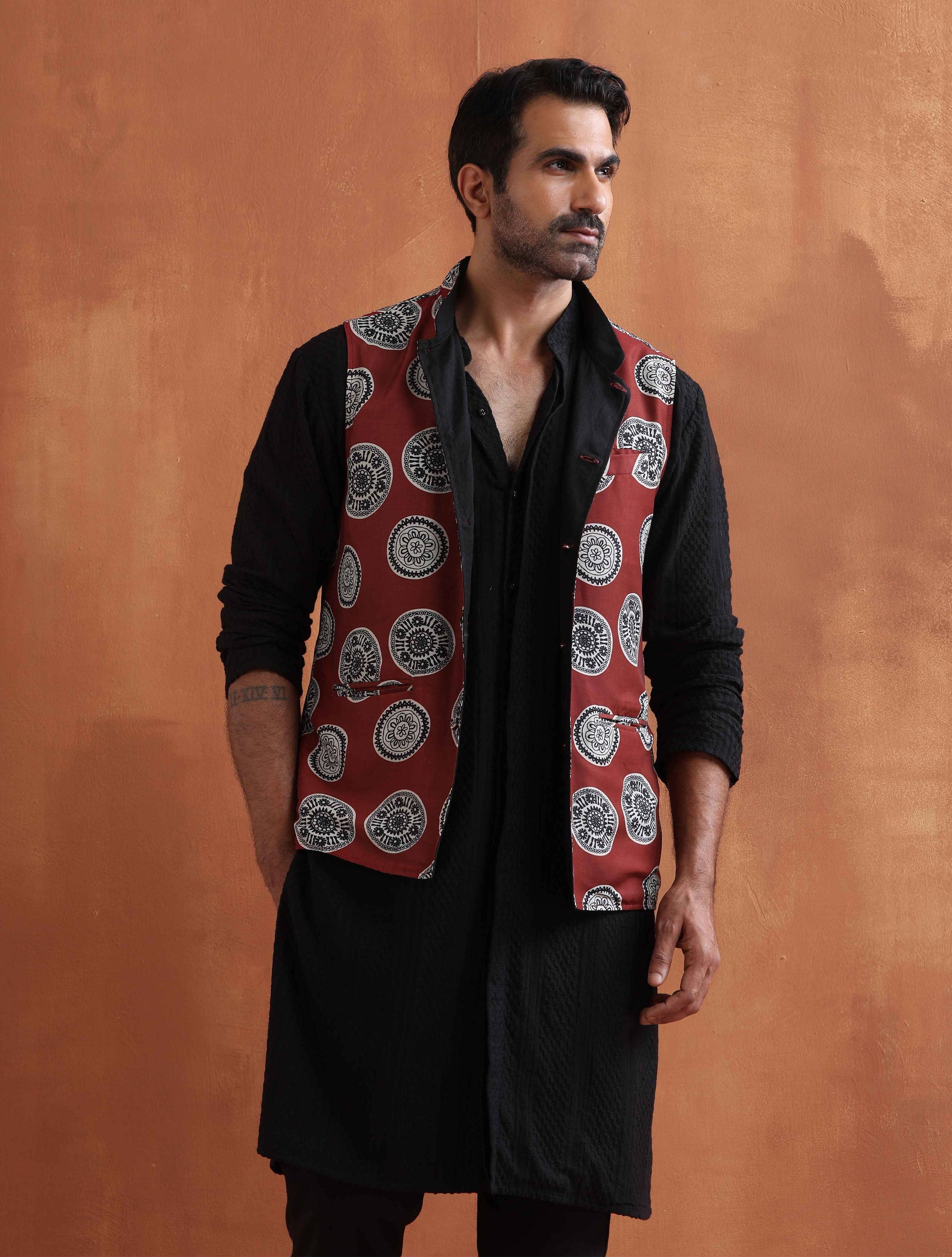 trueBrowns Men's Rust Printed Nehru Jacket