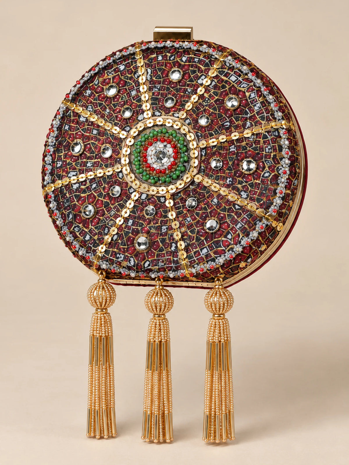 Burgundy Mandala Printed Embroidered Round Clutch Bag with Three Gold Tassels