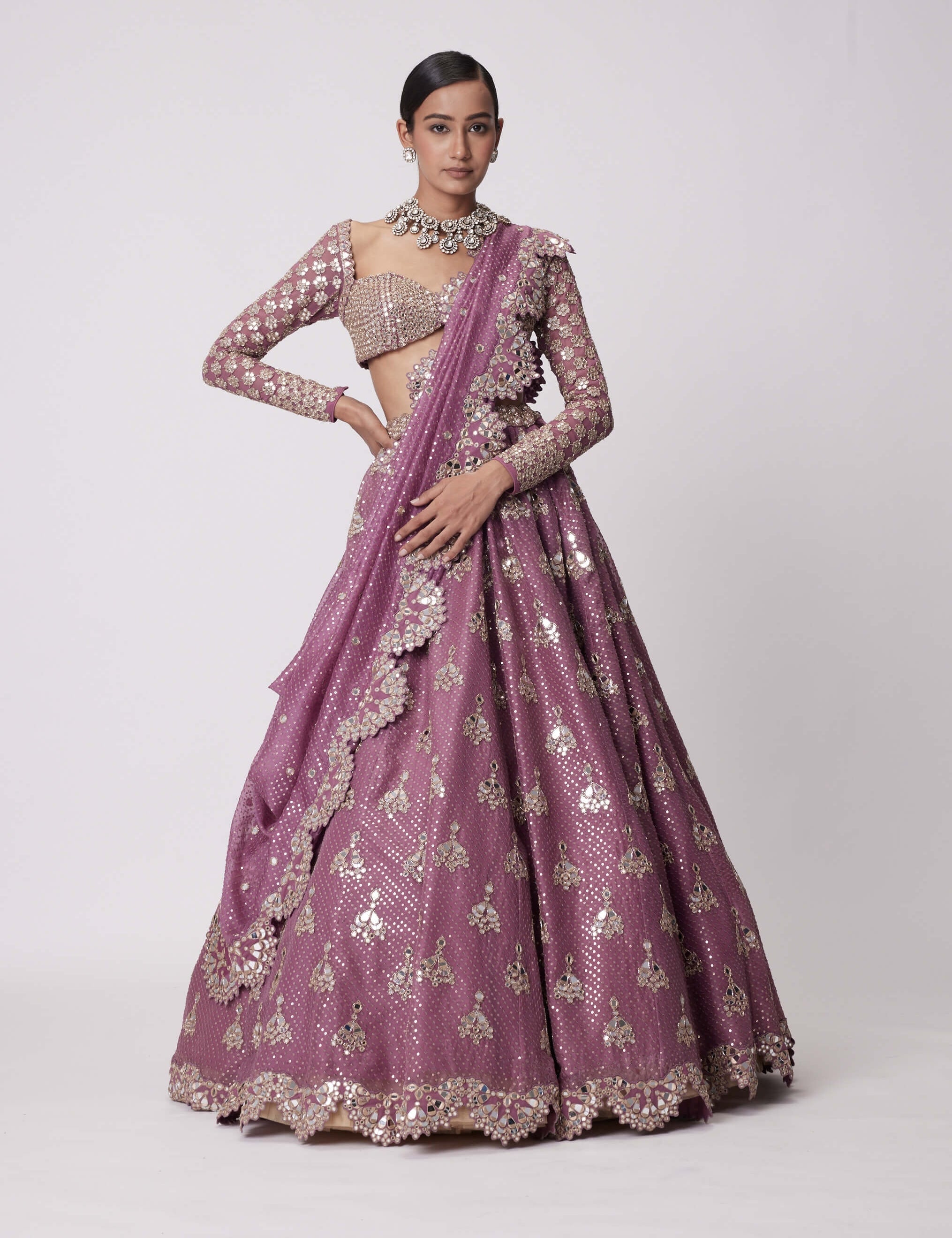 MUD  MAUVE SEQUIN AND FLOWER EMBROIDERED LEHENGA SET