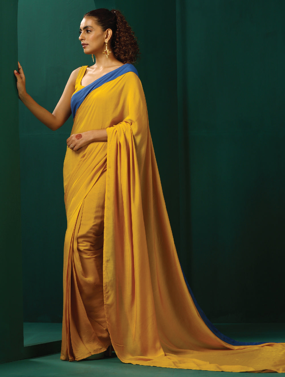 trueBrowns Mustard Muslin Silk Ready To Wear Saree