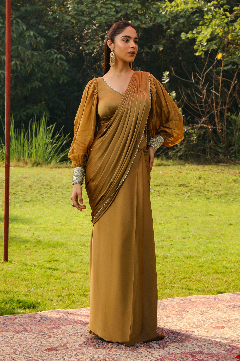 Honey Gold Ayesha Pre-Stitched Drape Saree with Princess Sleeves
