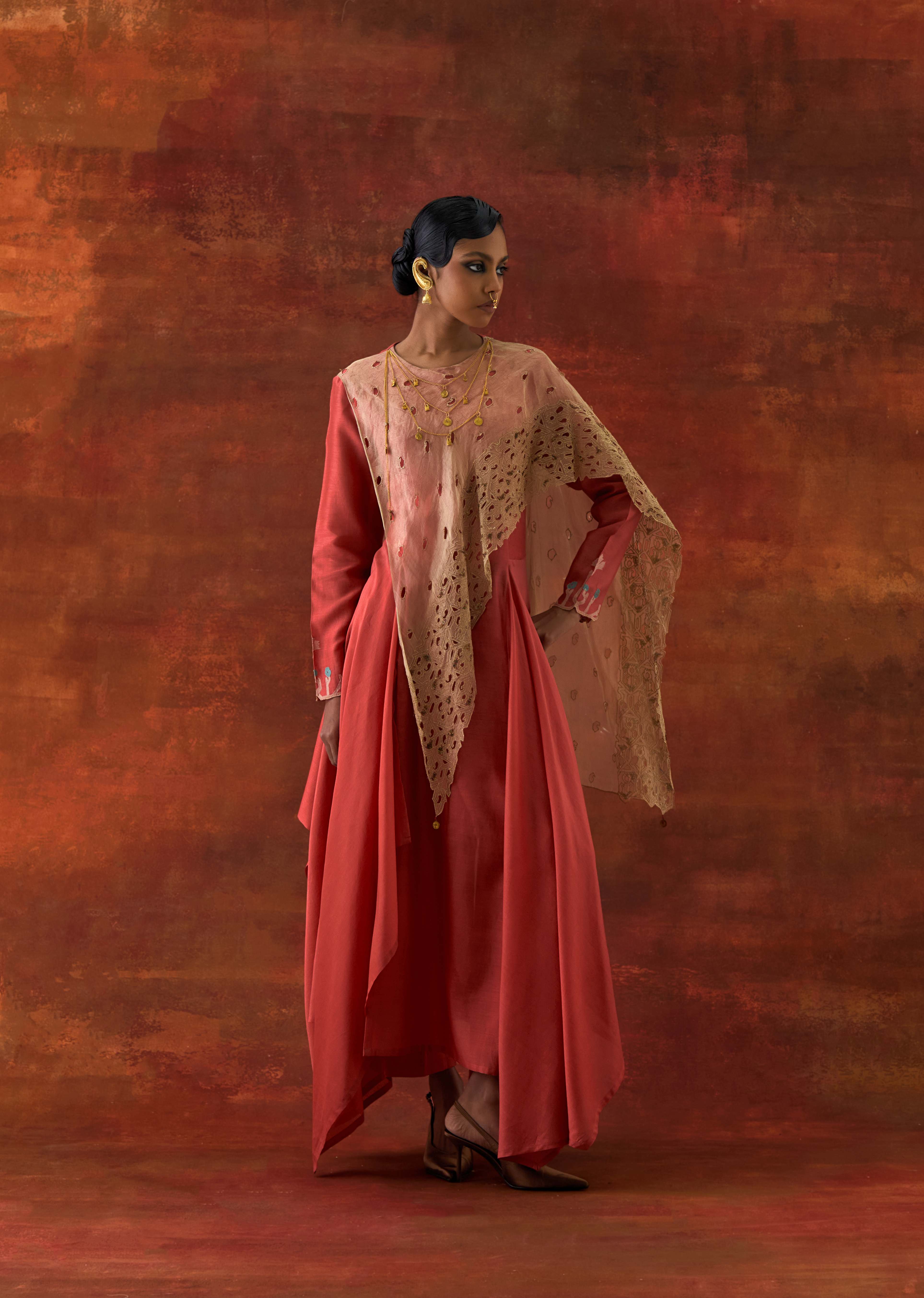 EMB GOLD TISSUE ATTACHED DRAPED KURTA WITH PANTS - image 1