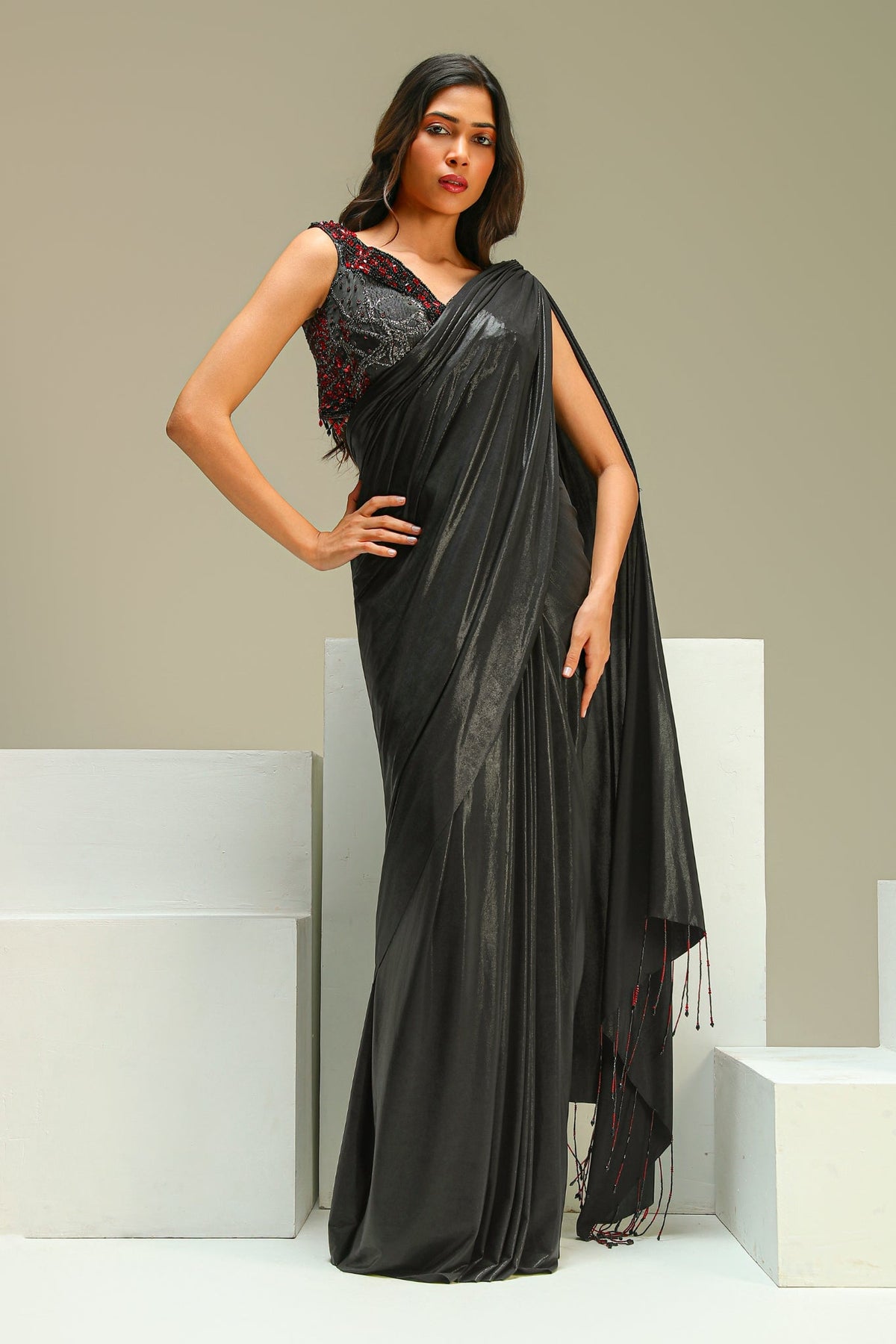 Black Imported Lycra Drape Saree Set