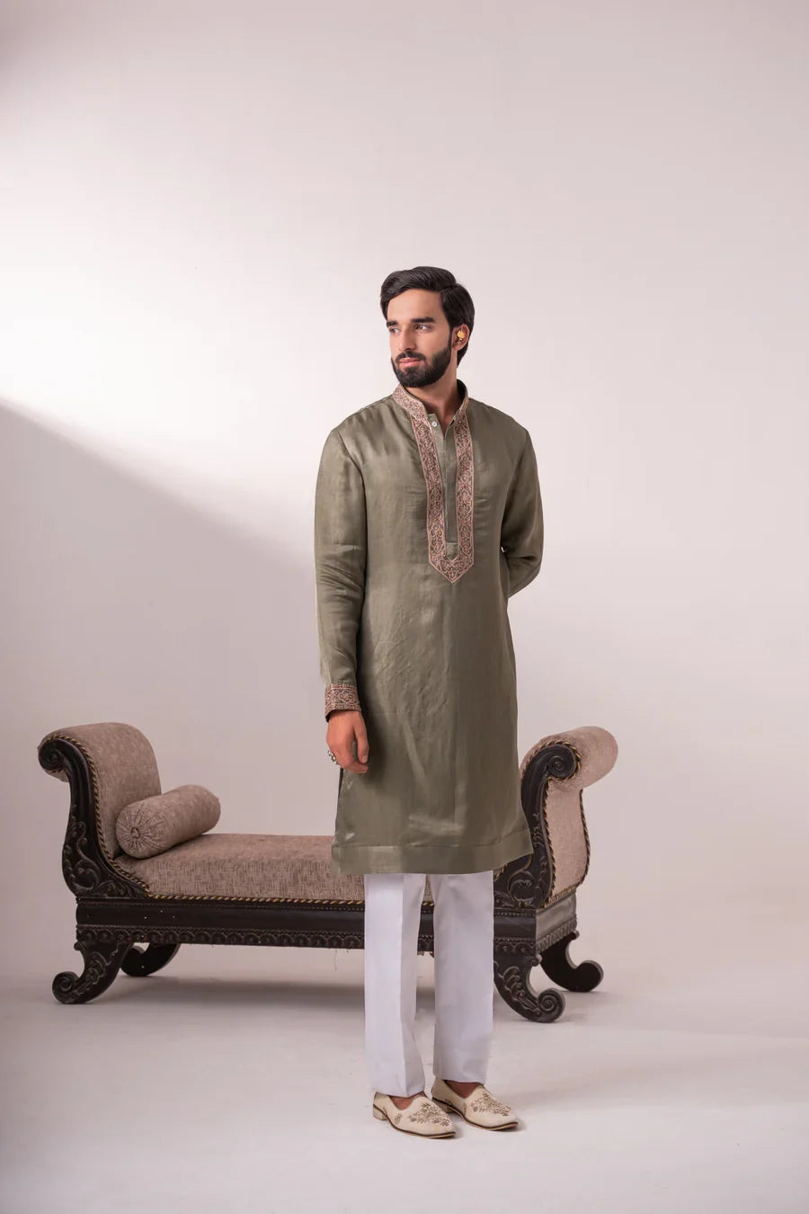 Olive Tissue Satin Silk Kurta with Ari Embroidery