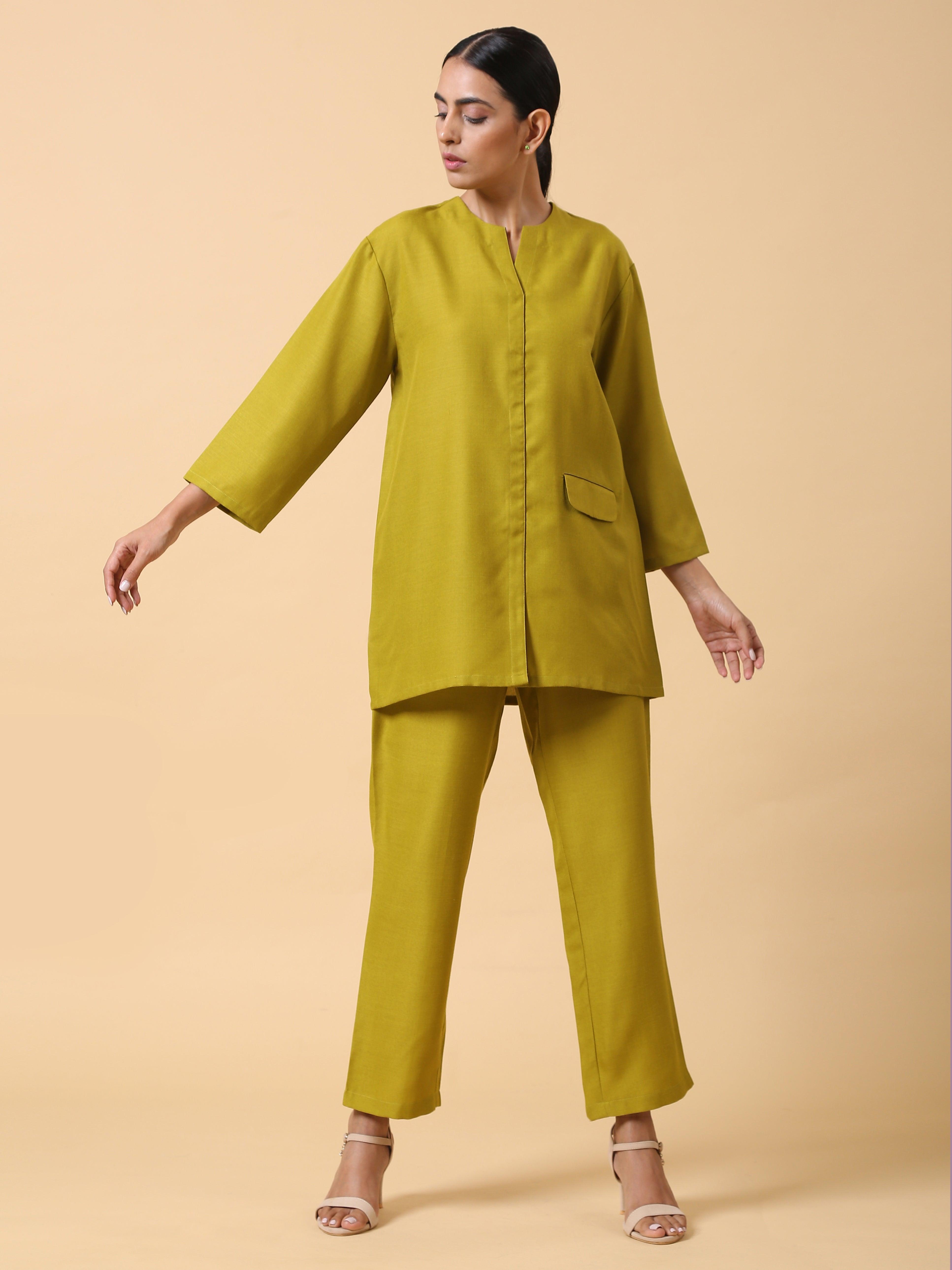 Cotton Linen Lime Green Relaxed Placket Co-Ord Set - trueBrowns