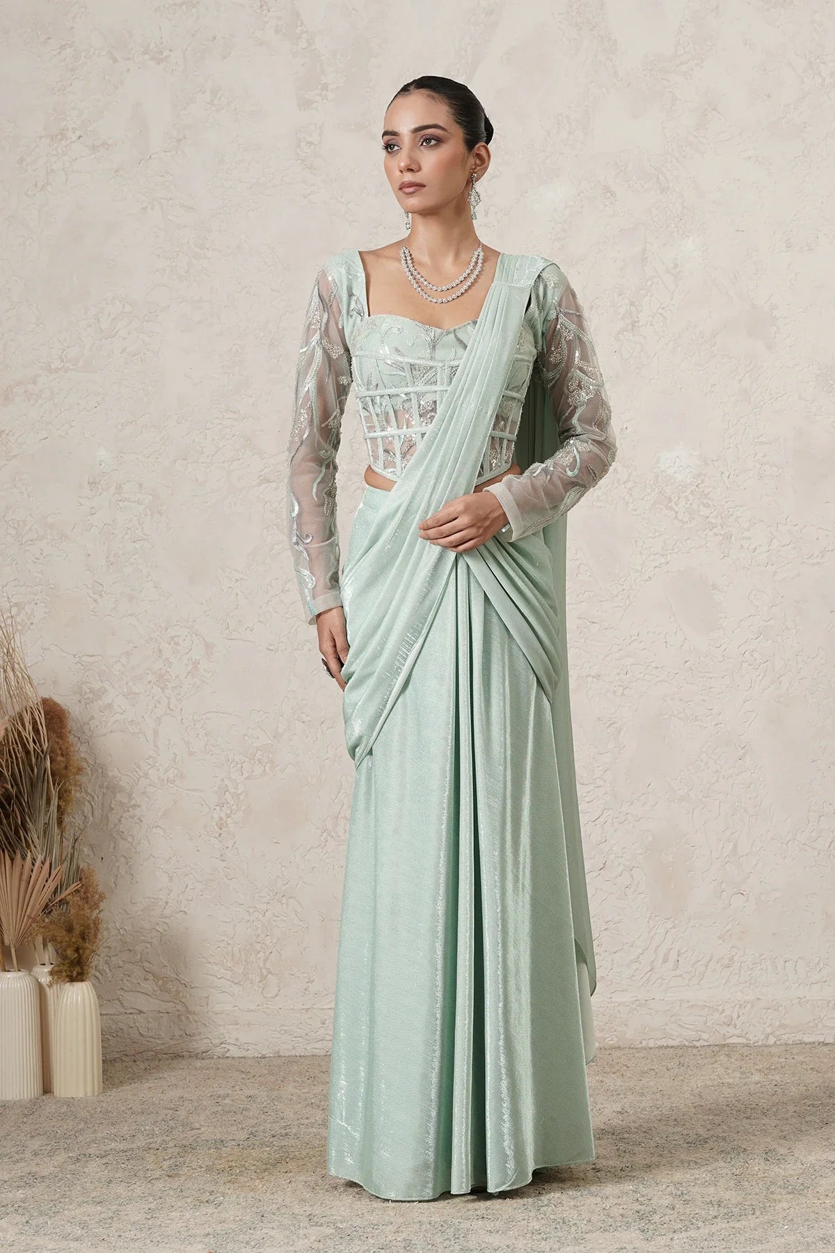 Jharokha Pre-Draped Saree with Hand-Embroidered Corset Blouse | Mint Green |  Women | THETAA