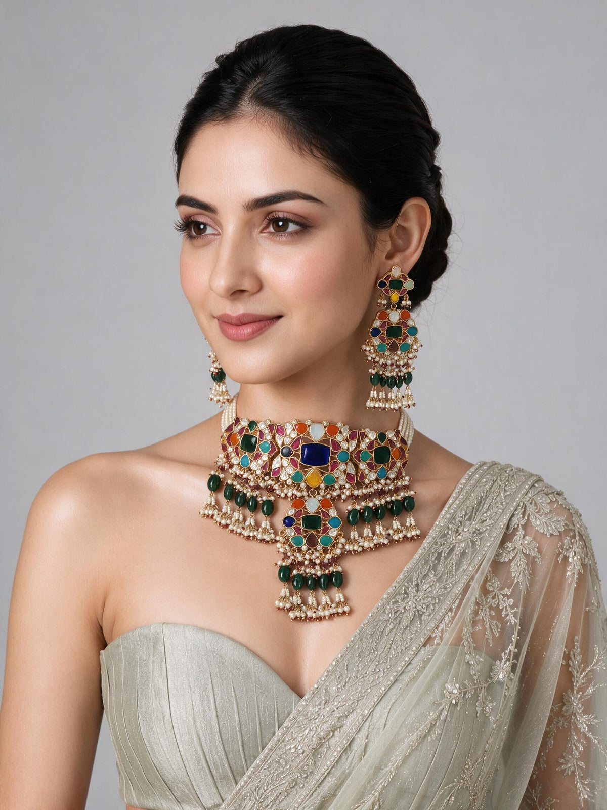 Multicolor Stone Pearl Choker Necklace Set