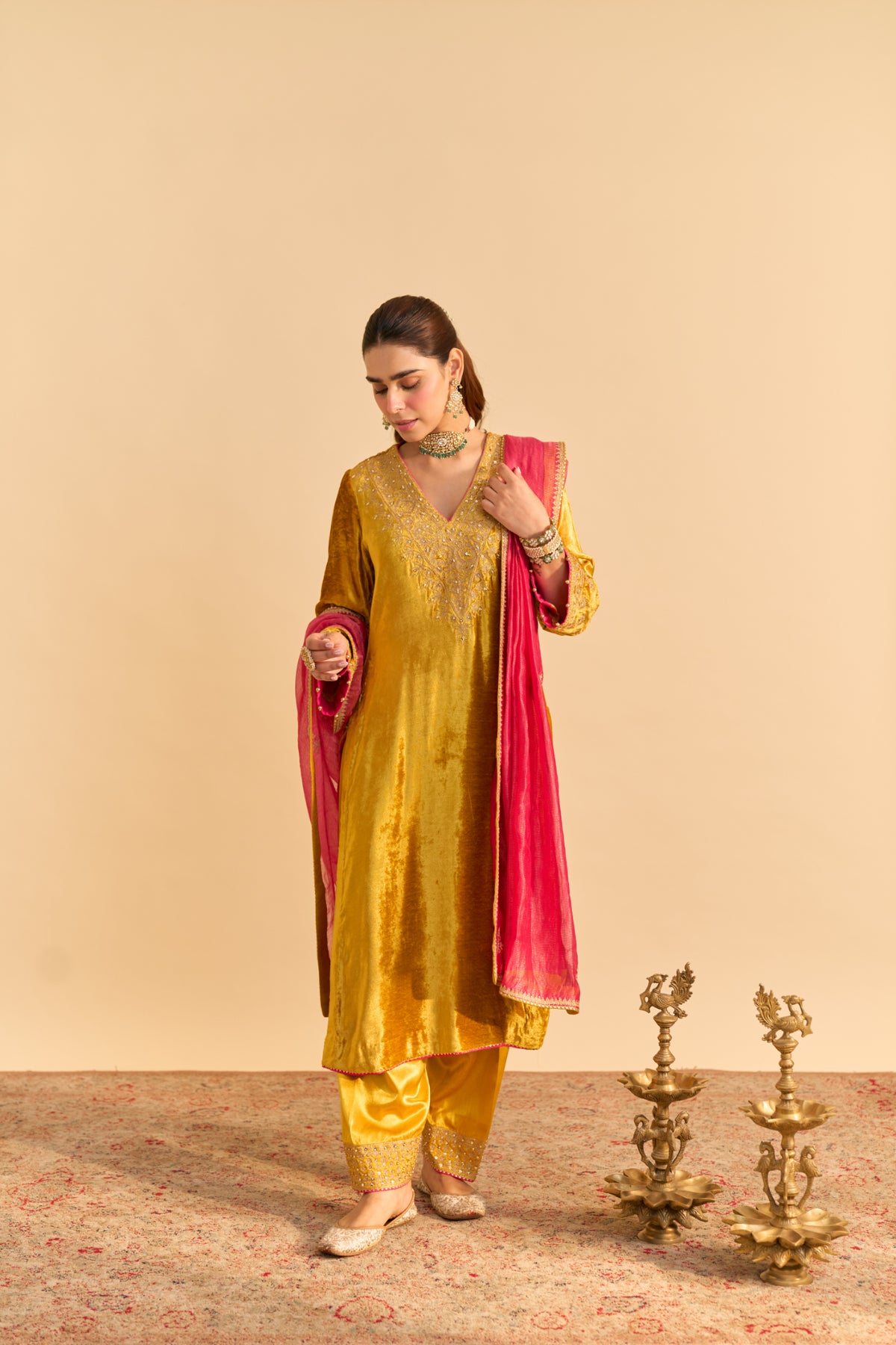 Mustard Velvet Kurta Set with Salwar and Tissue Dupatta
