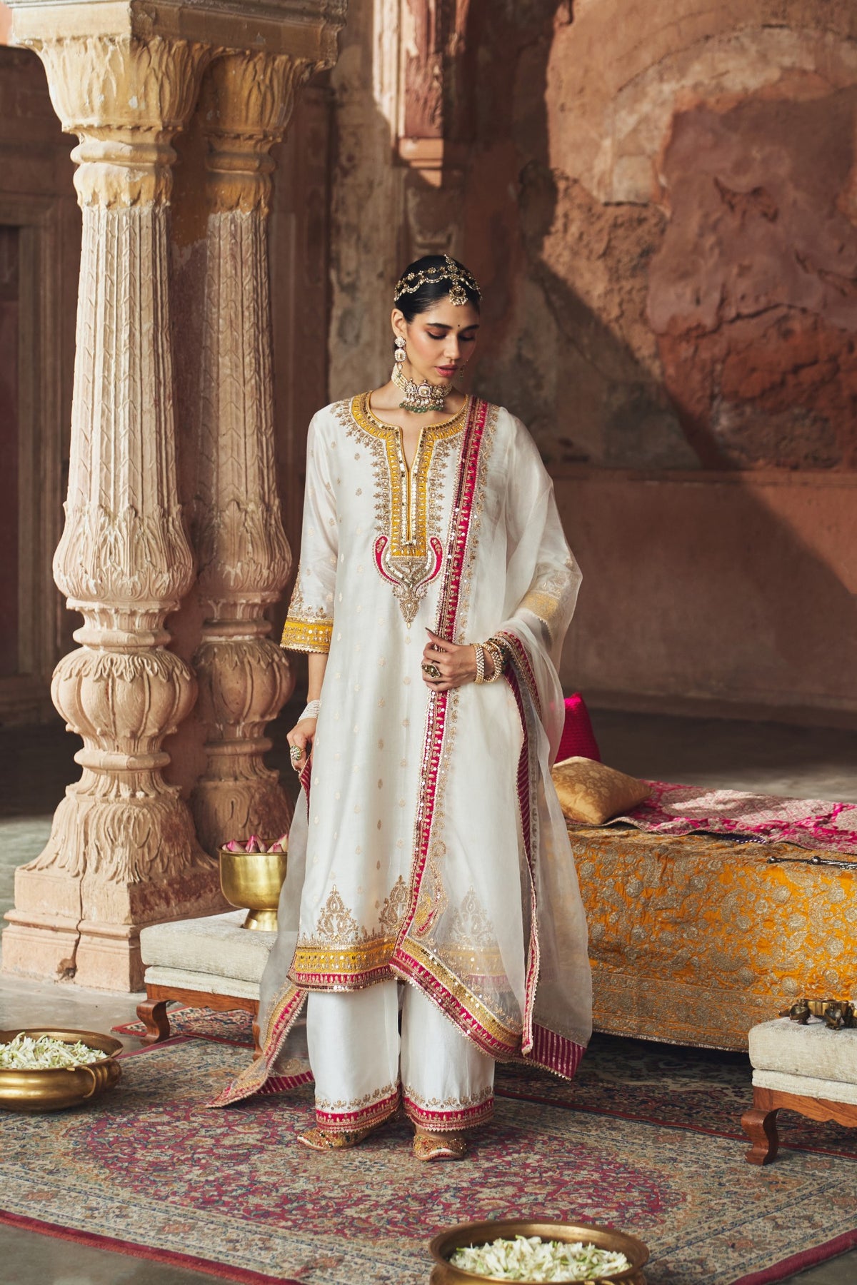 Daisy Ivory Embroidered Long Kurta Palazzo Set with Dupatta