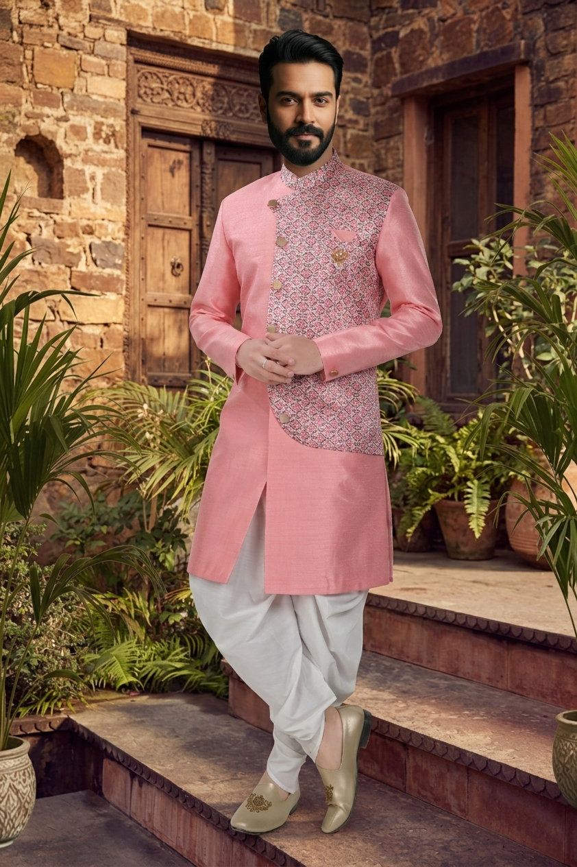 Men's SILK PINK  SEMI-INDO-WESTERN