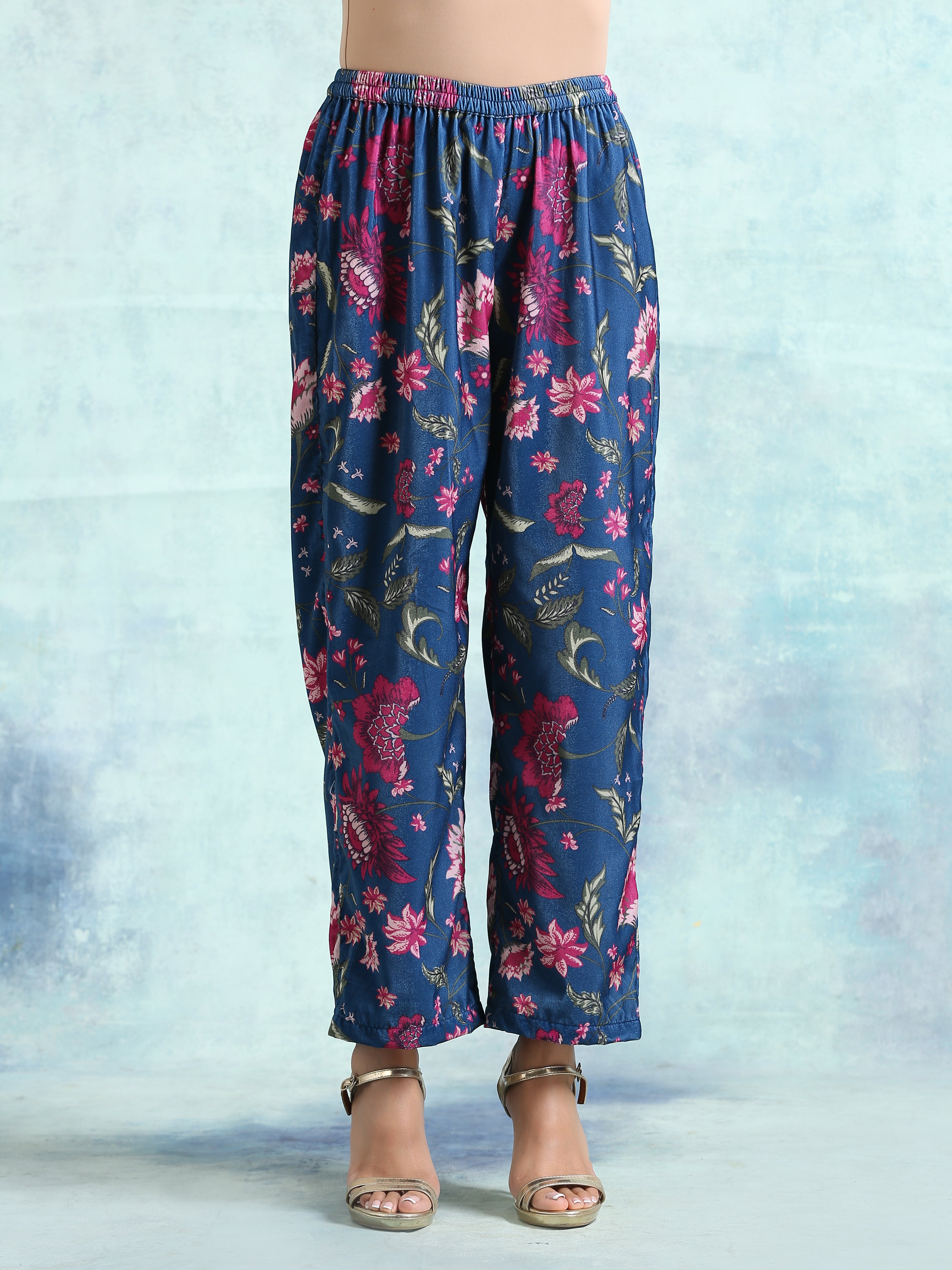 Blue Printed Velvet Pant