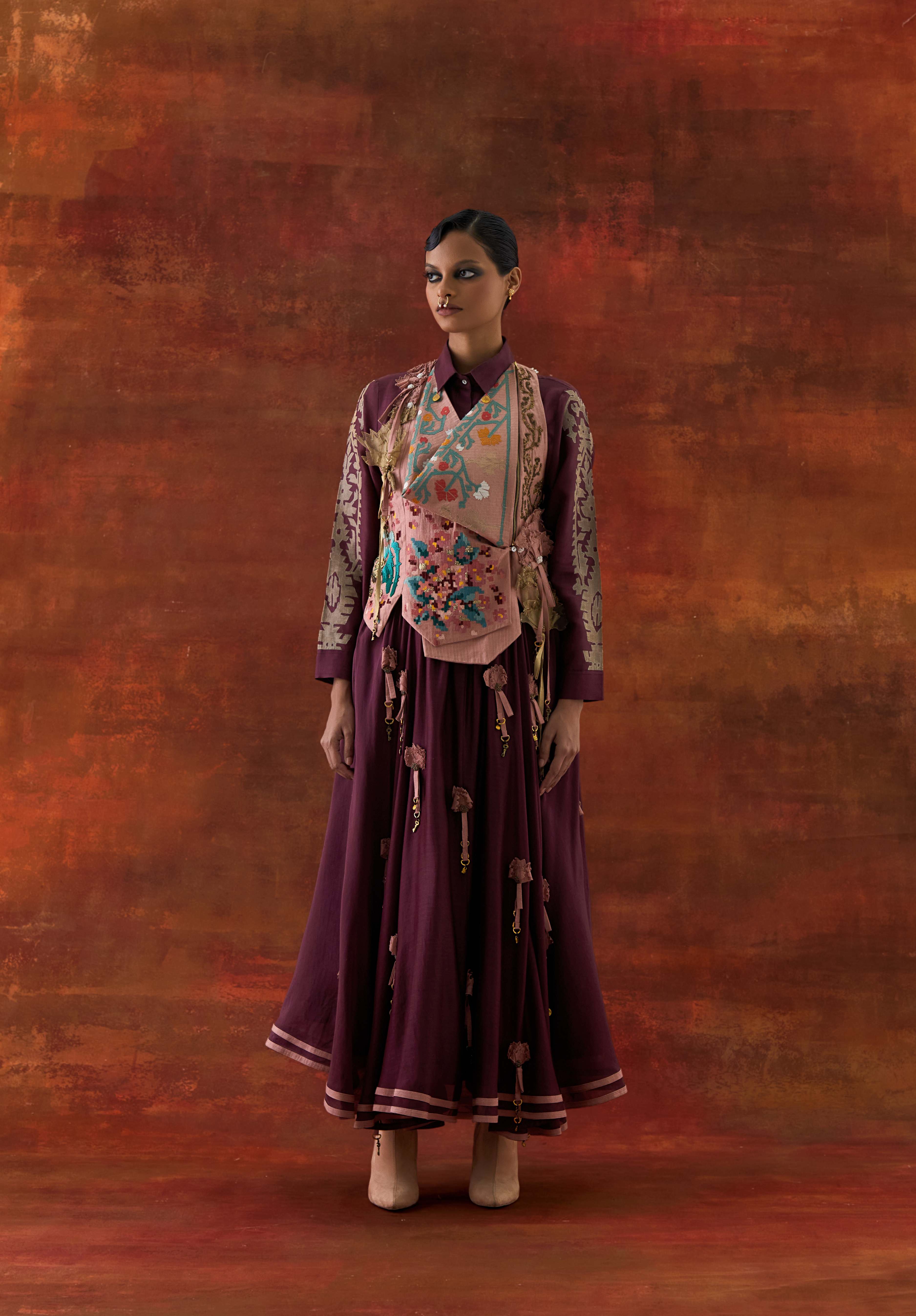 EMB ENGINEERED COWL RACER BACK JACKET + SHIRT WITH EMB BOOTA SLEEVES AND 3D FLOWER SKIRT - image 1
