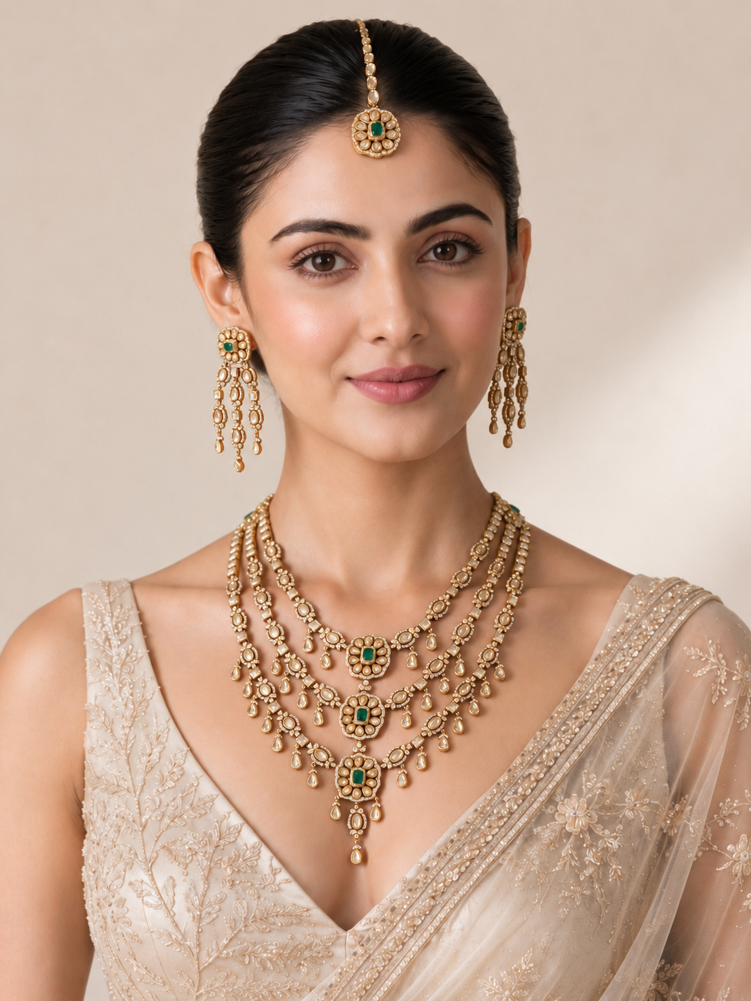 Emerald Kundan Layered Necklace Set