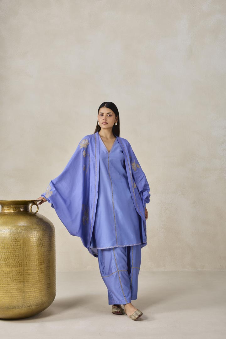Ink Blue Chanderi Jacket Style Kurta Salwar Set for Women