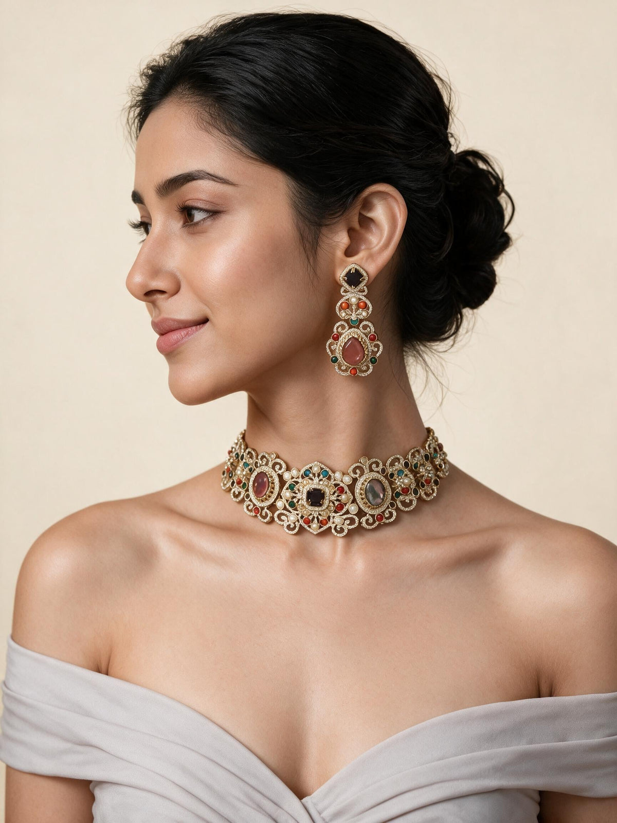Multicolor Stone Choker Necklace Set with Earrings