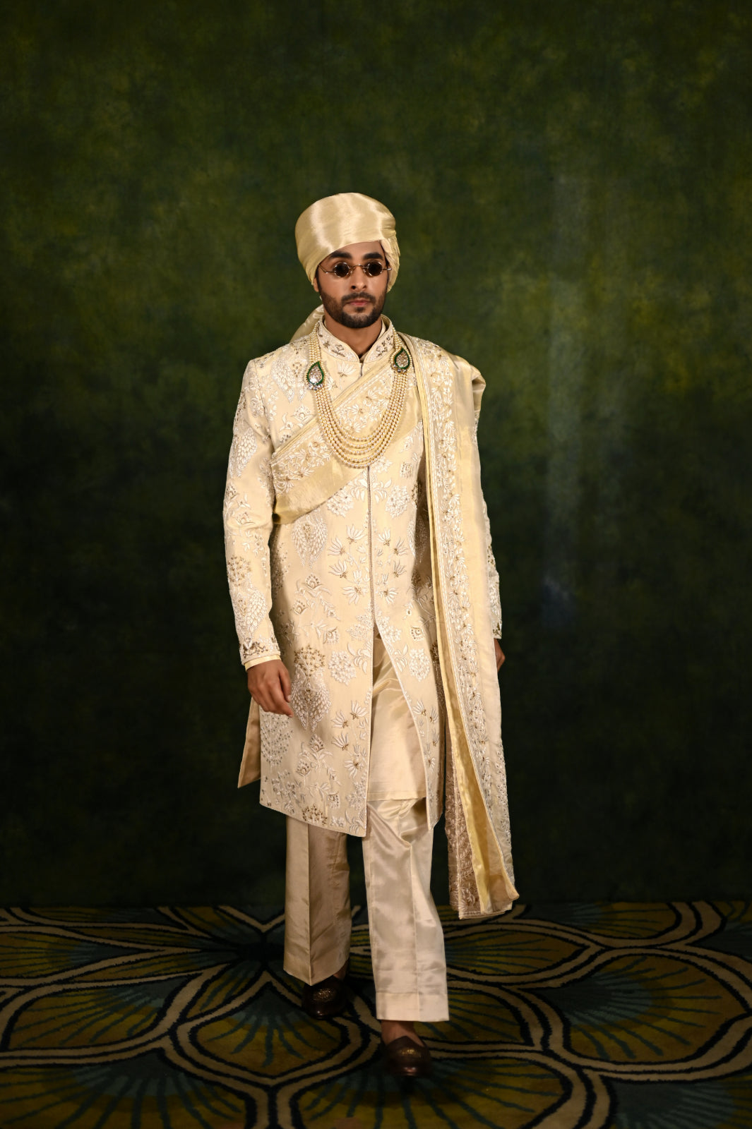 ivory gold crepe tissue threadwork sherwani set