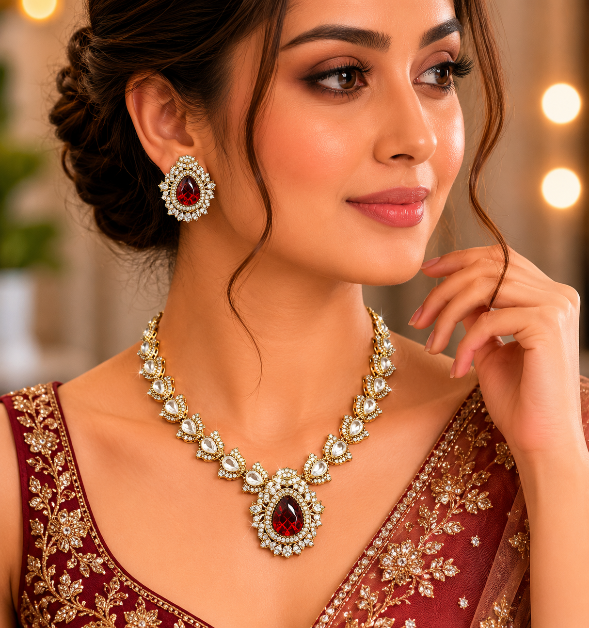 Ruby Red Jaipuri Kundan Statement Necklace Set with Matching earring