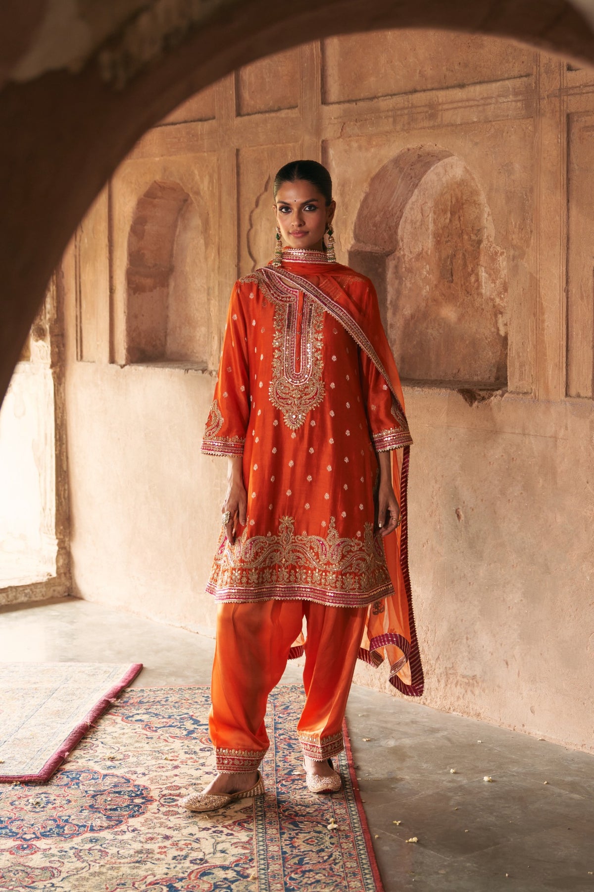 Burnt Orange Pure Banarasi Silk Short Kurta Salwar Set