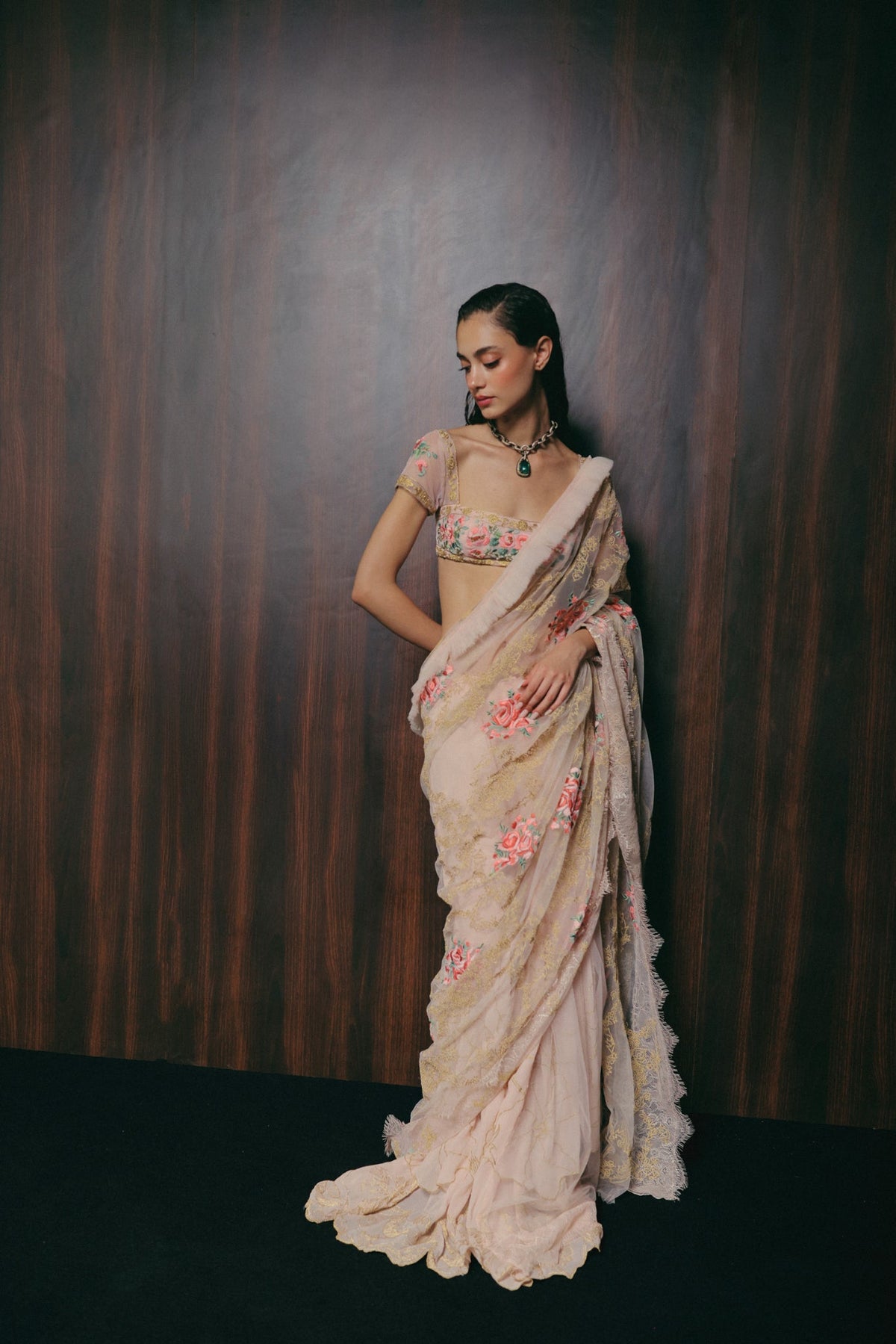 Floral & Zardosi Embroidery, Silk Georgette & Tulle with French Lace, Stitched Saree Set, Blouse Silhouette